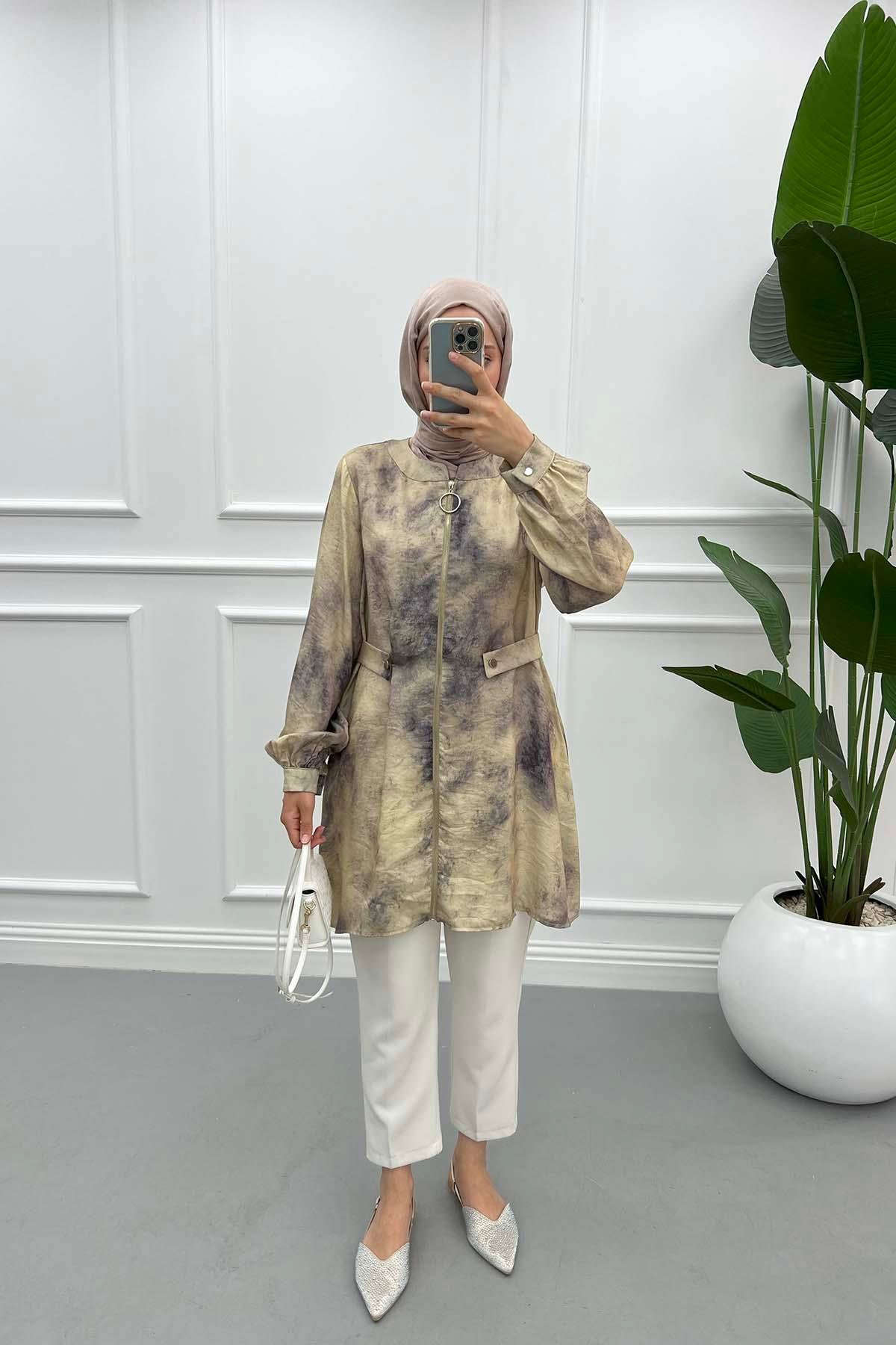 Batik Desen Fermuarlı Tunik Mürdüm