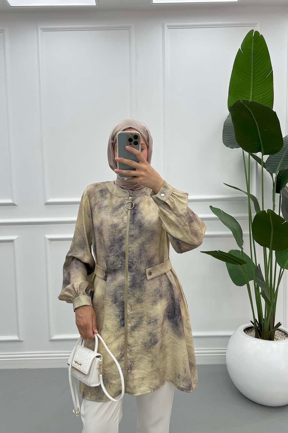 Batik Desen Fermuarlı Tunik Mürdüm