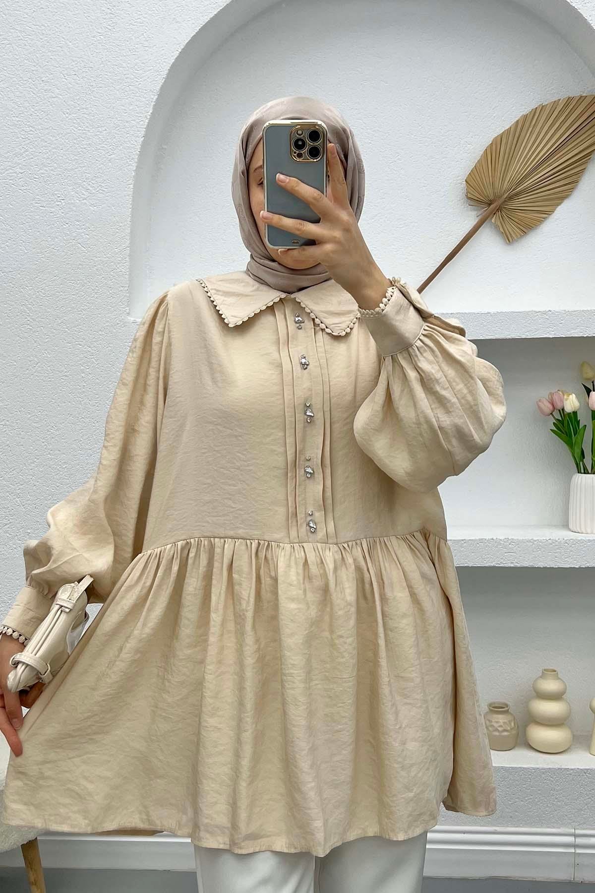 Bebe Yaka Taşlı Tunik Bej