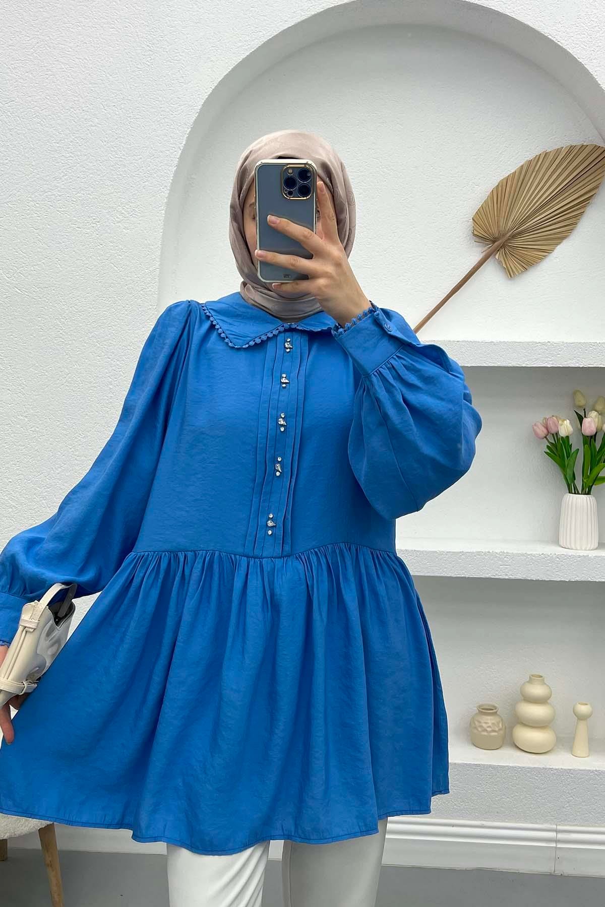 Bebe Yaka Taşlı Tunik İndigo