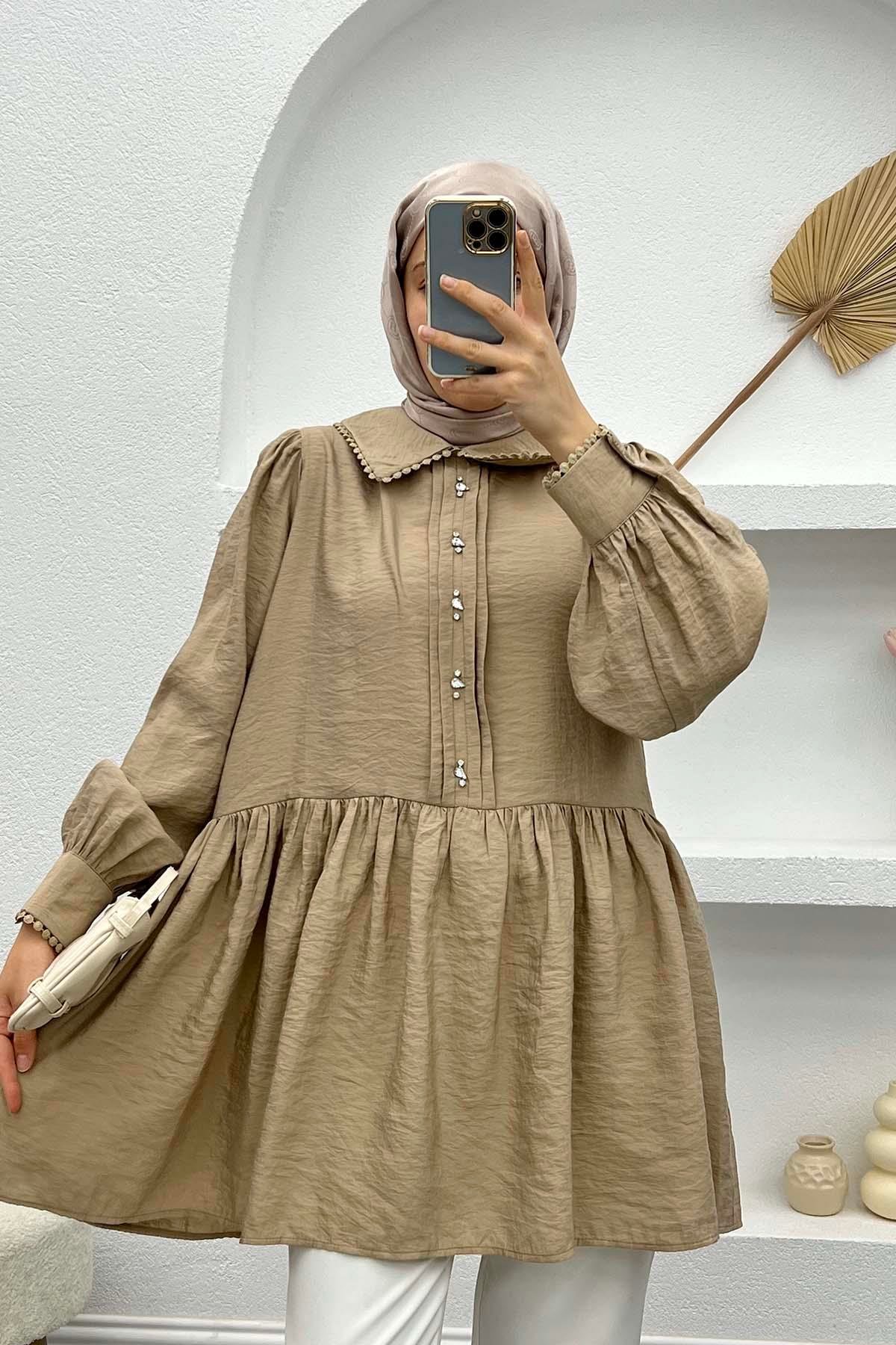 Bebe Yaka Taşlı Tunik Vizon