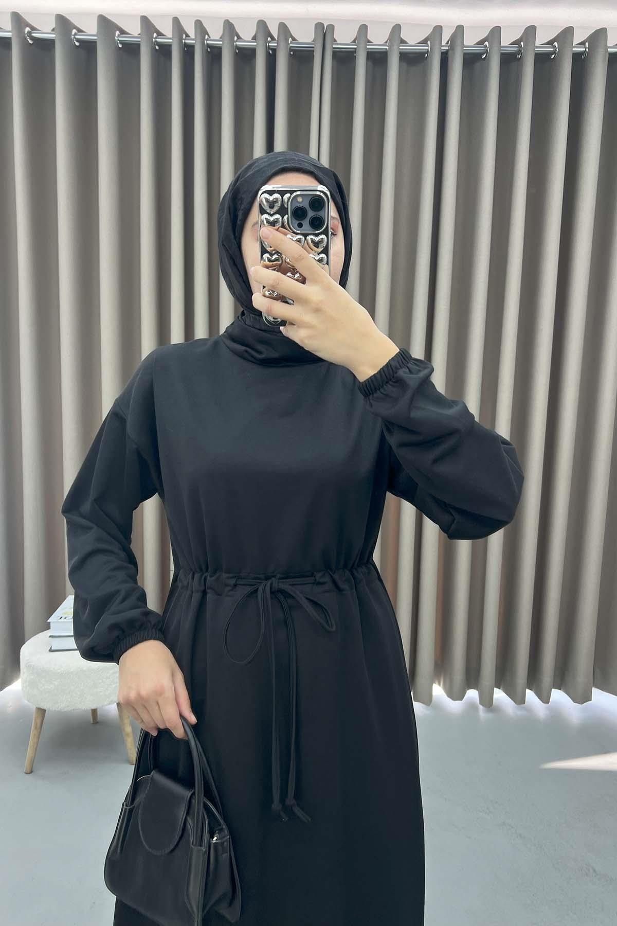 Bel Büzgülü Sweat Elbise Siyah