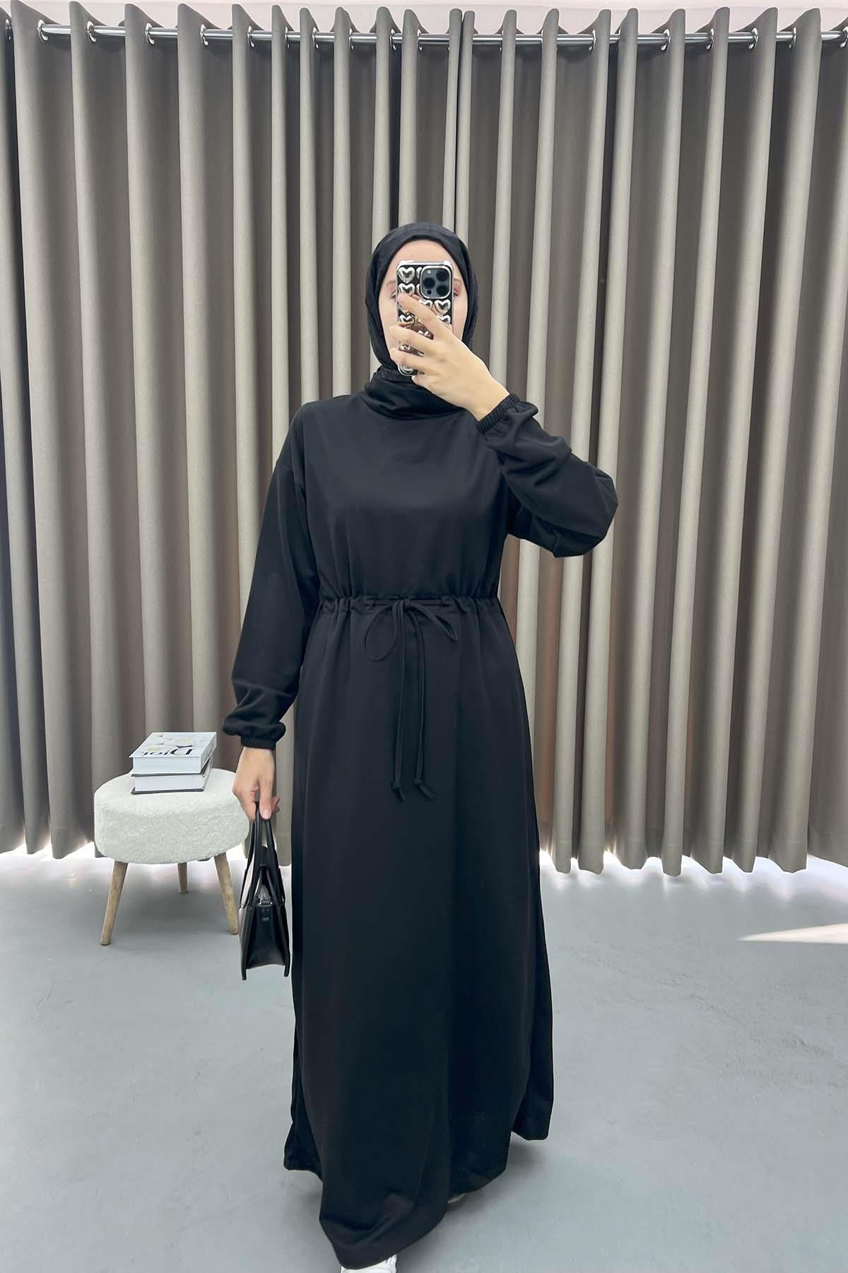 Bel Büzgülü Sweat Elbise Siyah