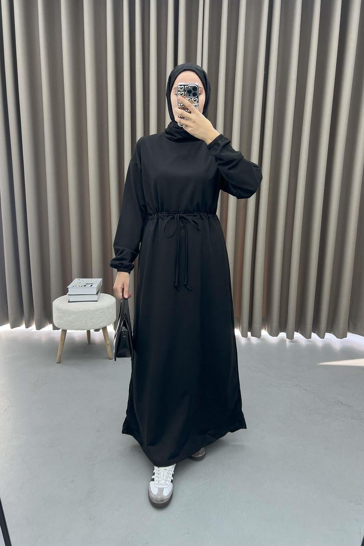 Bel Büzgülü Sweat Elbise Siyah