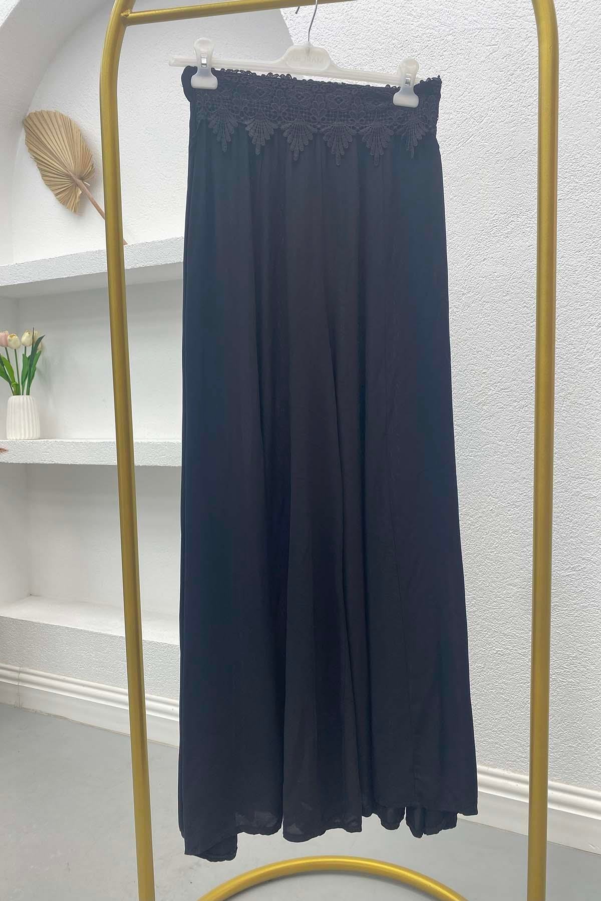 Beli Dantel Detaylı Geniş Paça Pantolon Siyah