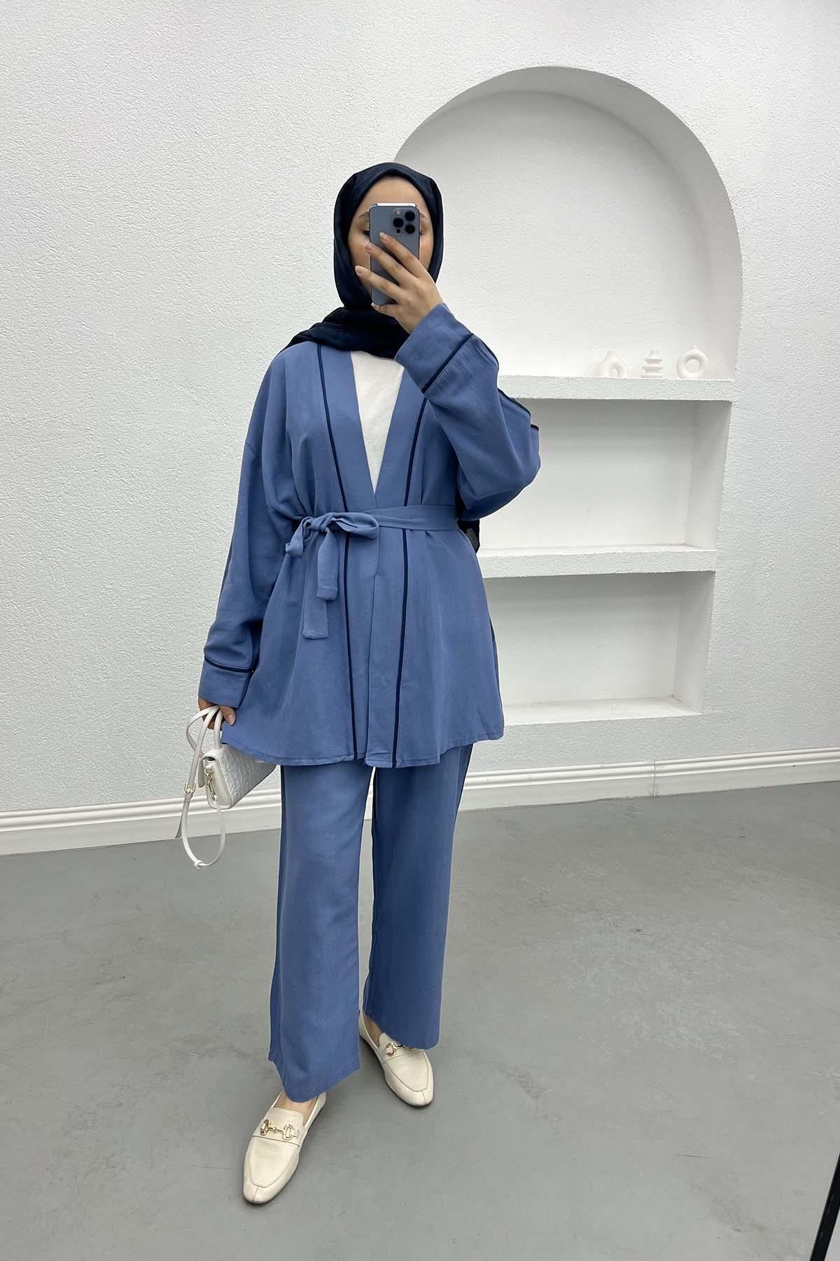 Biyeli Kimono Takım İndigo