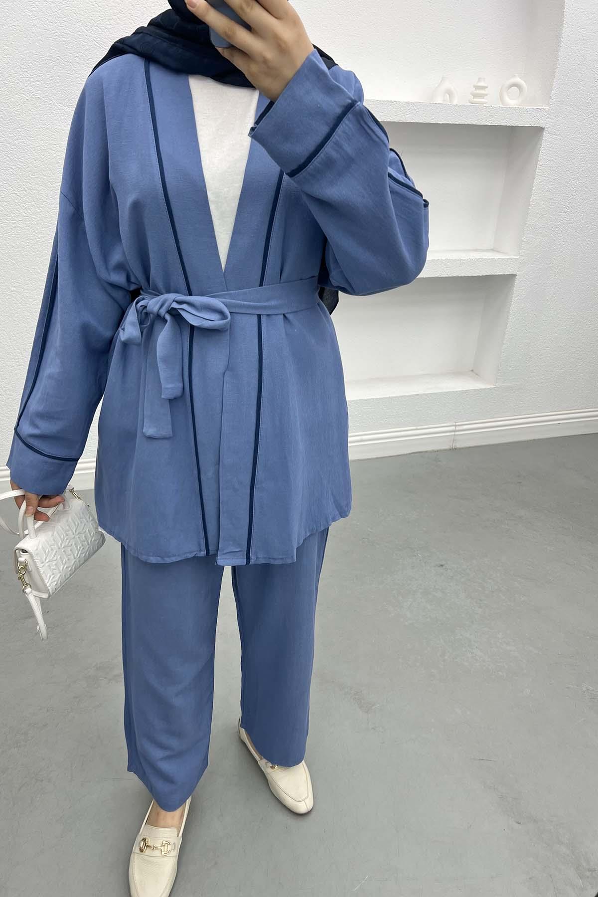 Biyeli Kimono Takım İndigo