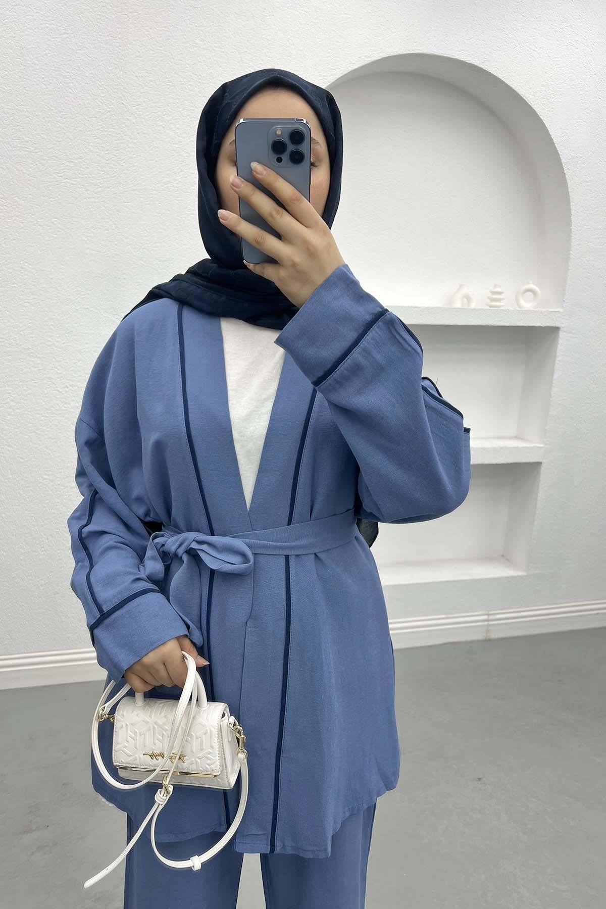Biyeli Kimono Takım İndigo