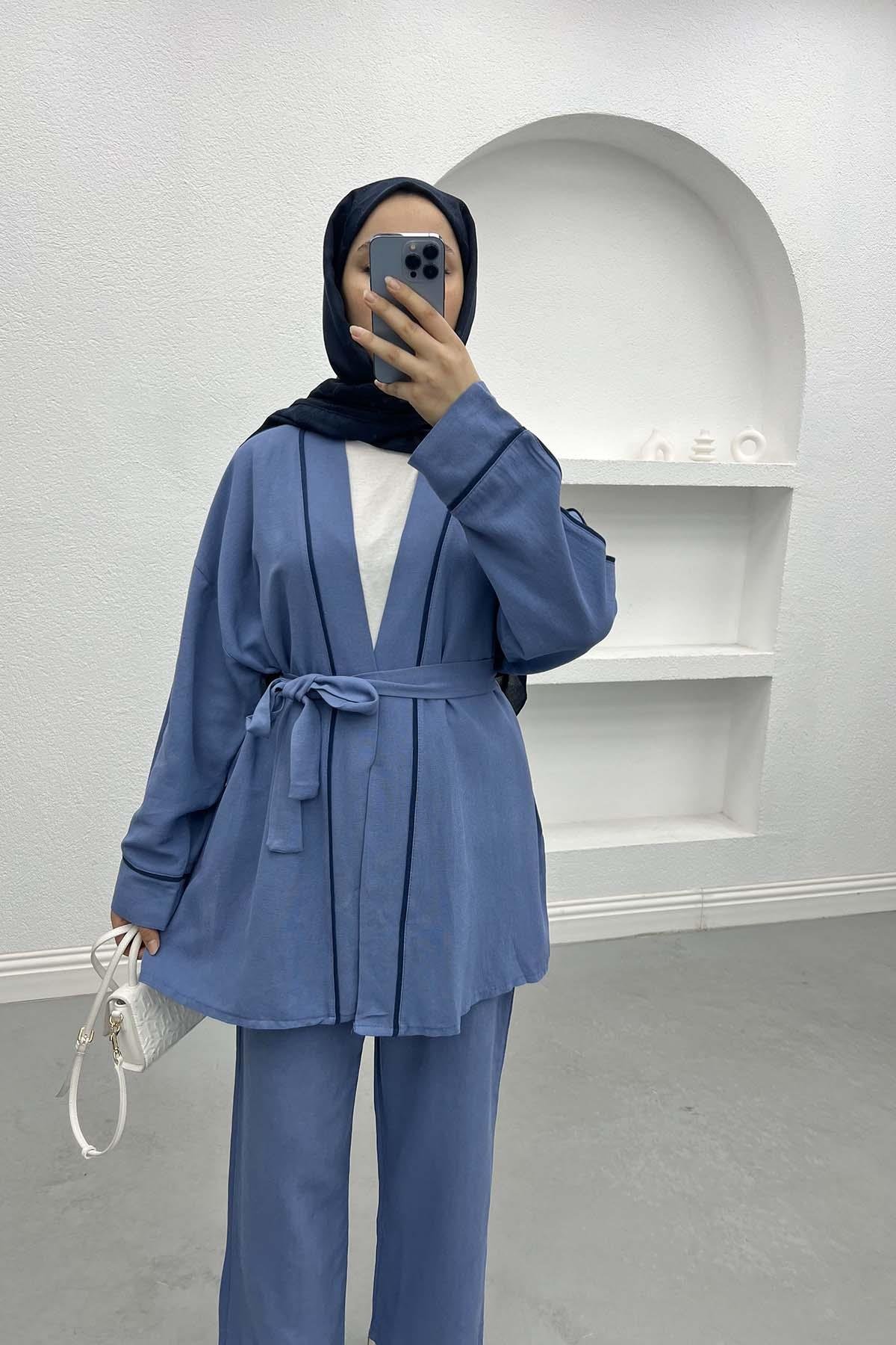 Biyeli Kimono Takım İndigo