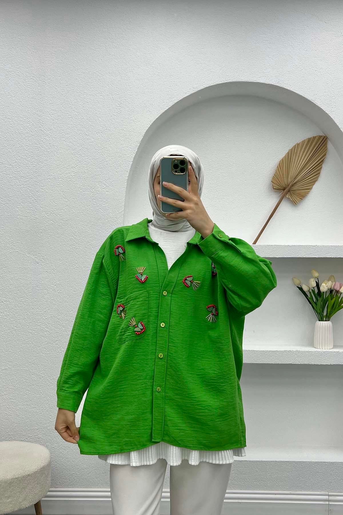 Boncuk İşlemeli Oversize Gömlek Yeşil