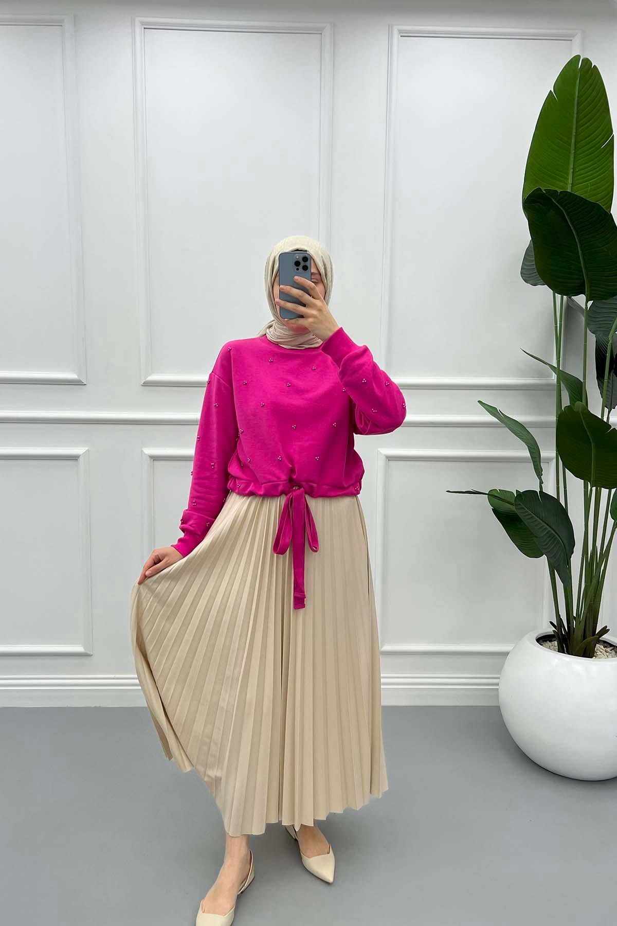 Boncuklu Kısa Sweatshirt Pembe