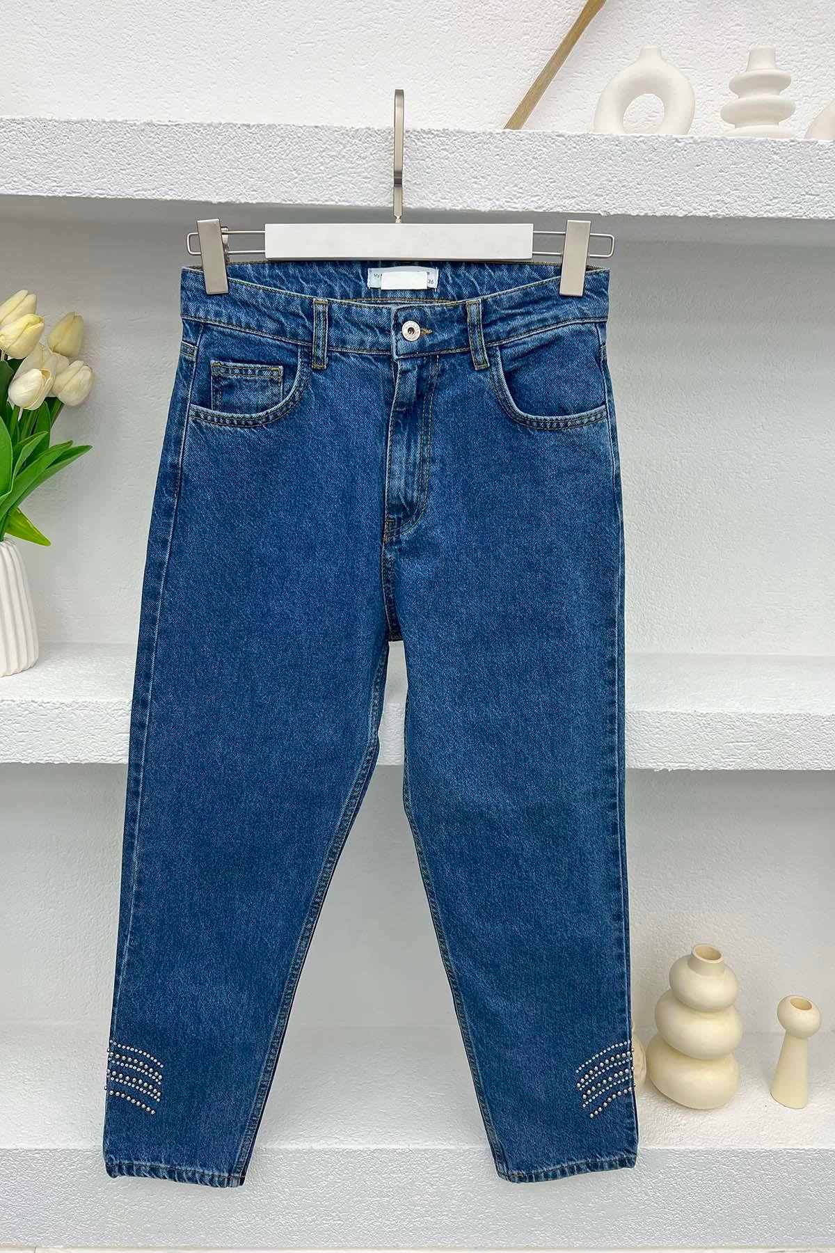 Boncuklu Kot Pantolon Koyu Mavi