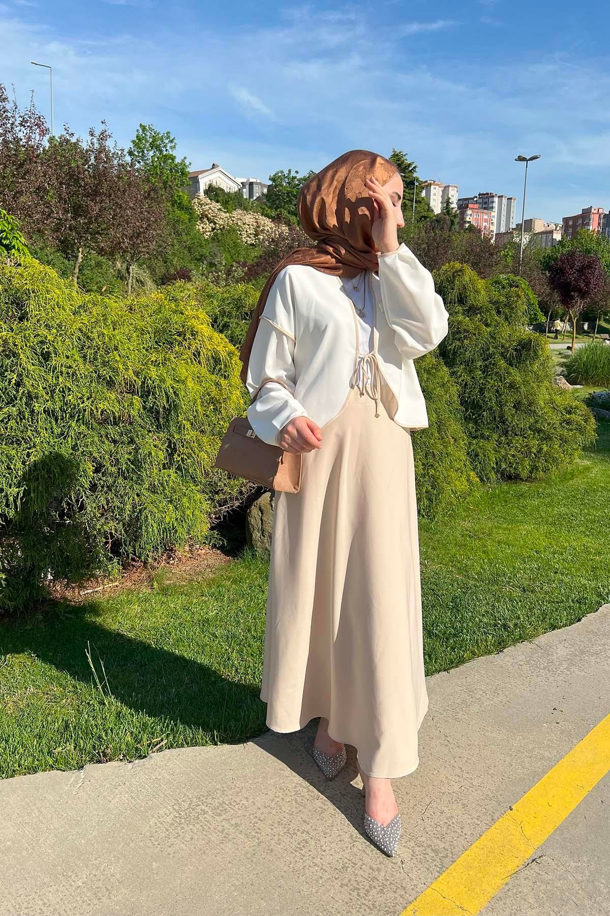 Broşlu Kimono Takım Bej
