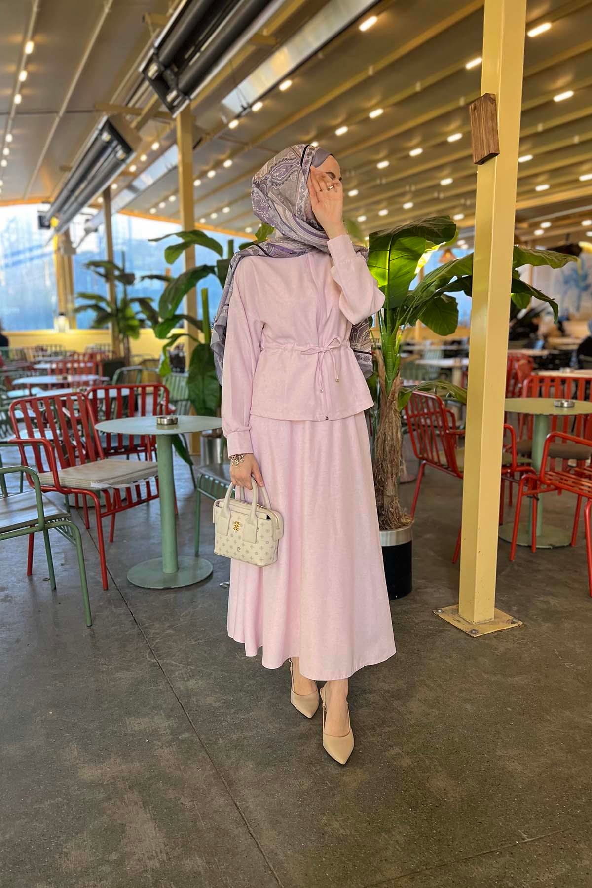 Büzgülü Etek Takım Pembe