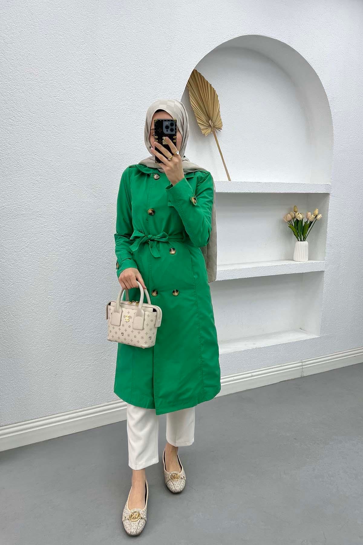 Çiçek Astarlı Trençkot Benetton Yeşil