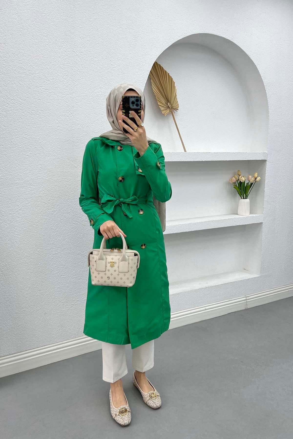 Çiçek Astarlı Trençkot Benetton Yeşil