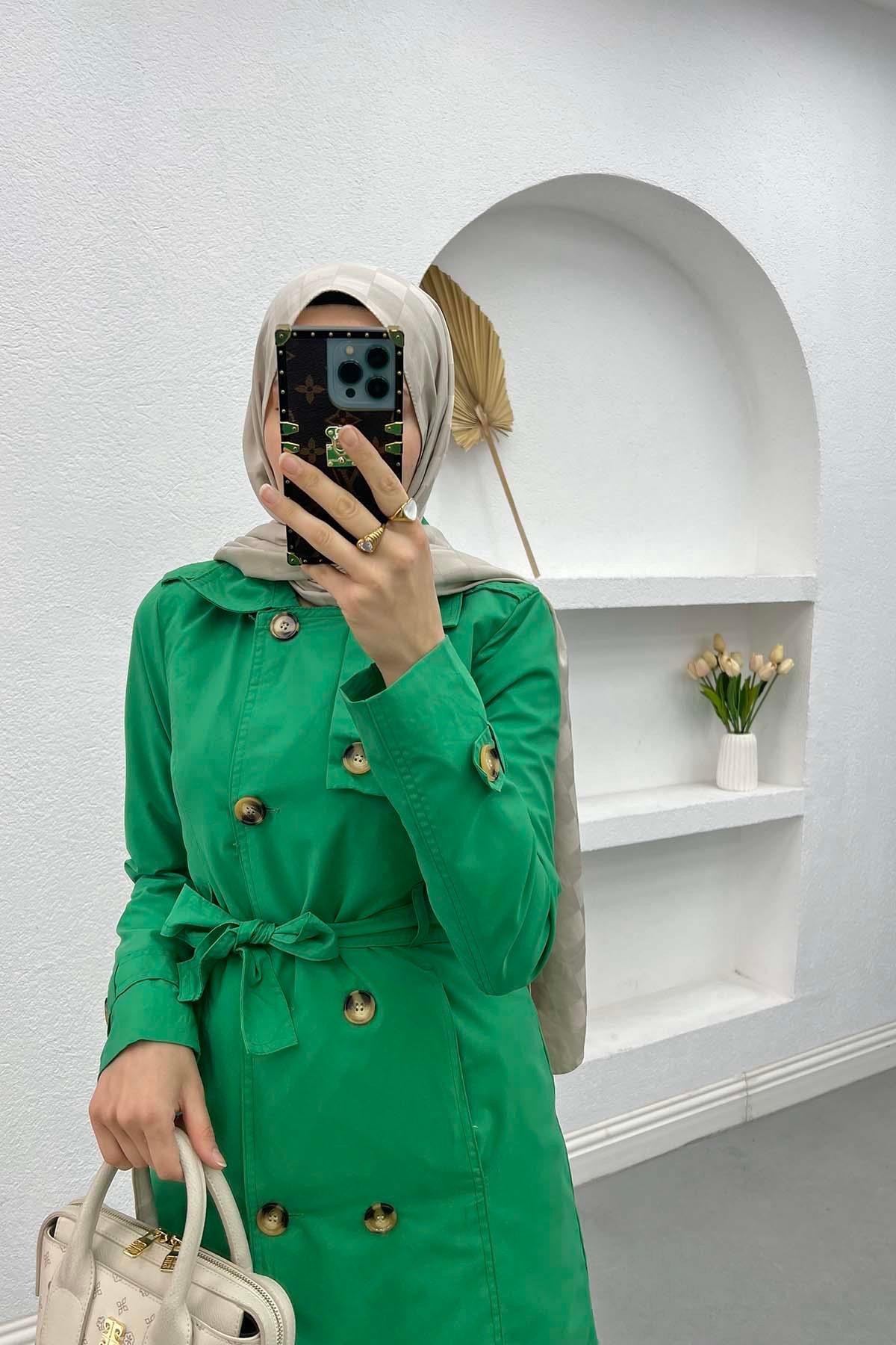 Çiçek Astarlı Trençkot Benetton Yeşil