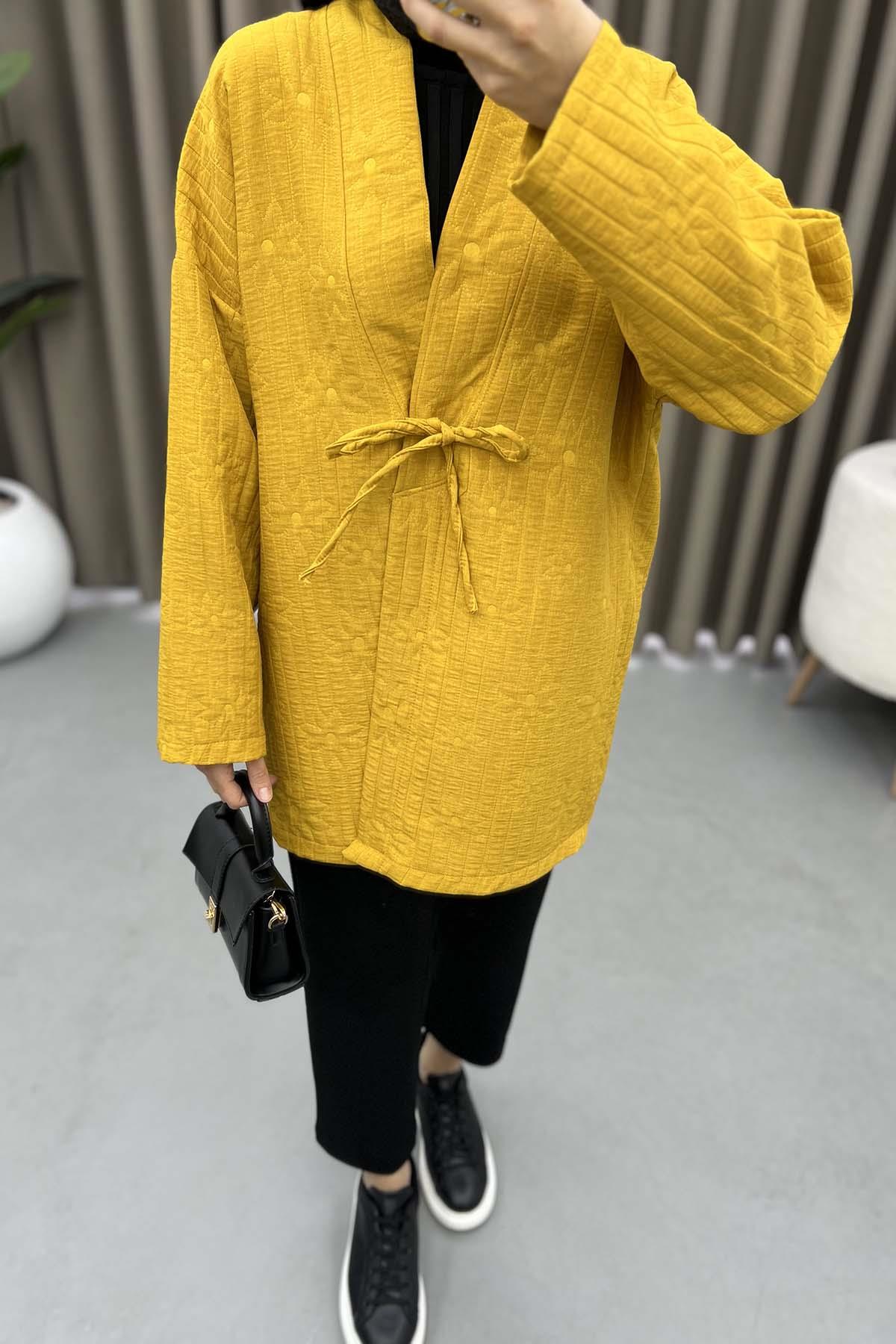 Çiçek İşlemeli Bağlamalı Kimono Hardal
