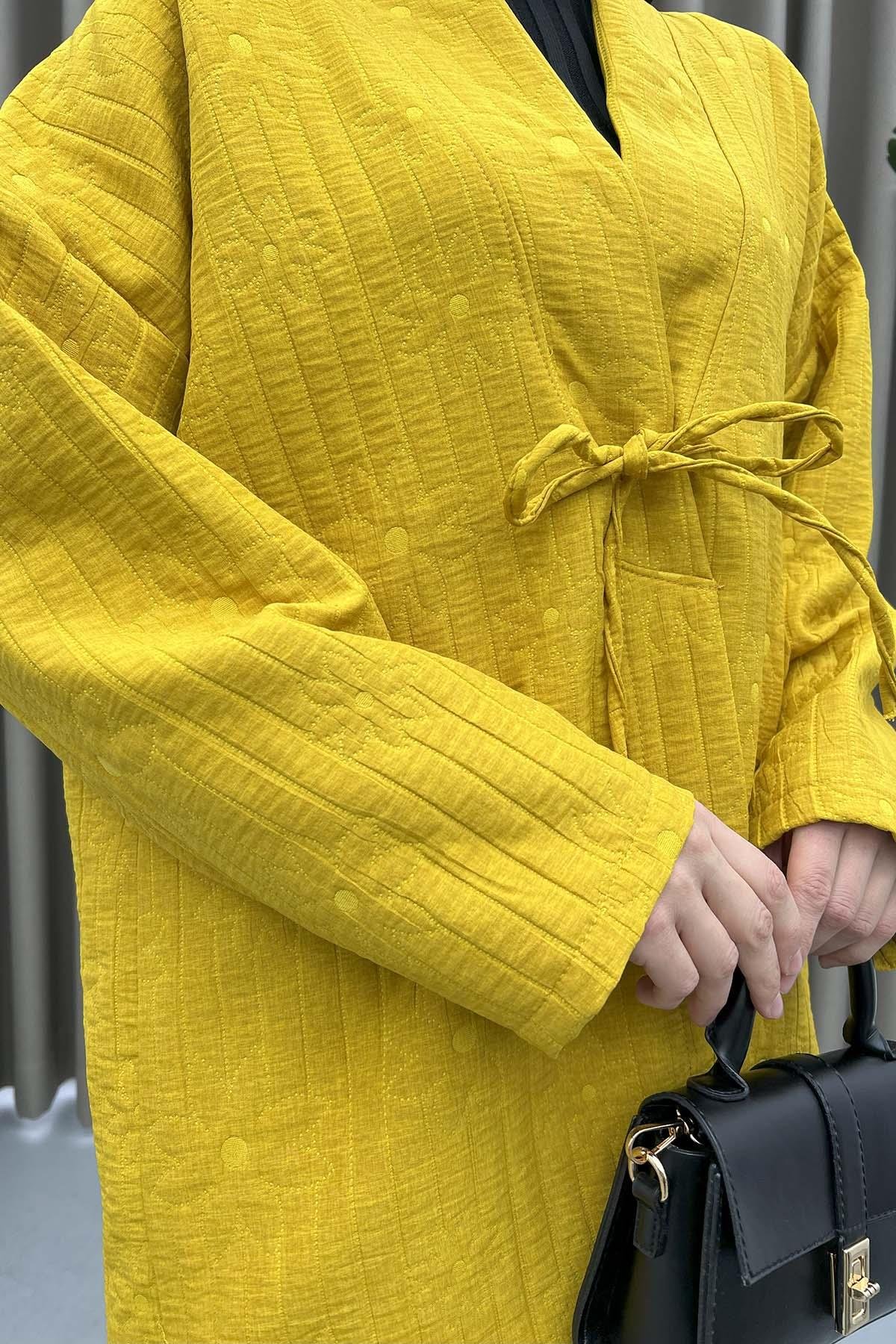 Çiçek İşlemeli Bağlamalı Kimono Hardal