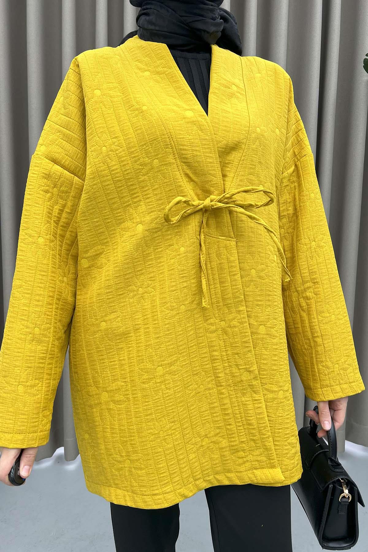 Çiçek İşlemeli Bağlamalı Kimono Hardal