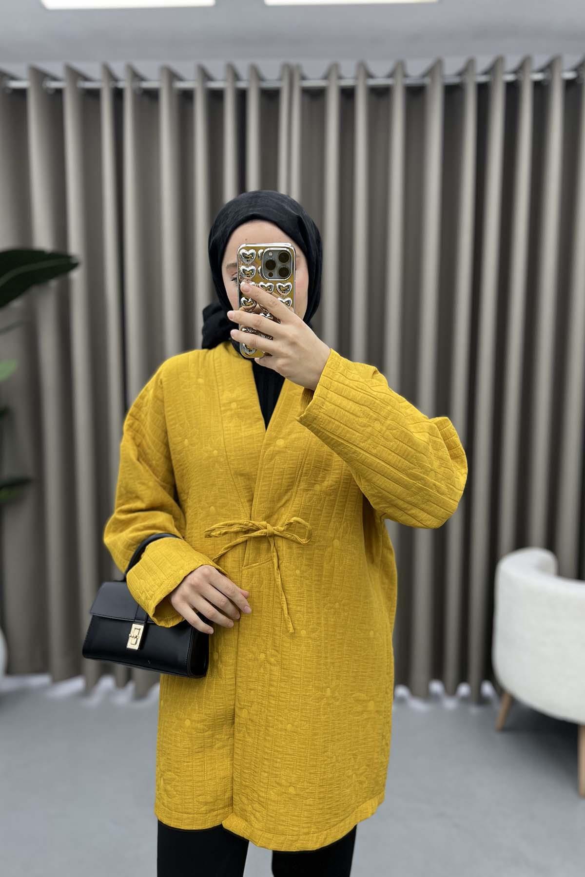 Çiçek İşlemeli Bağlamalı Kimono Hardal