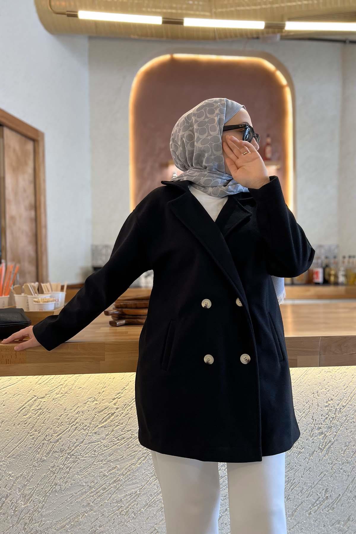 Çift Düğme Kısa Kaşe Kaban Siyah
