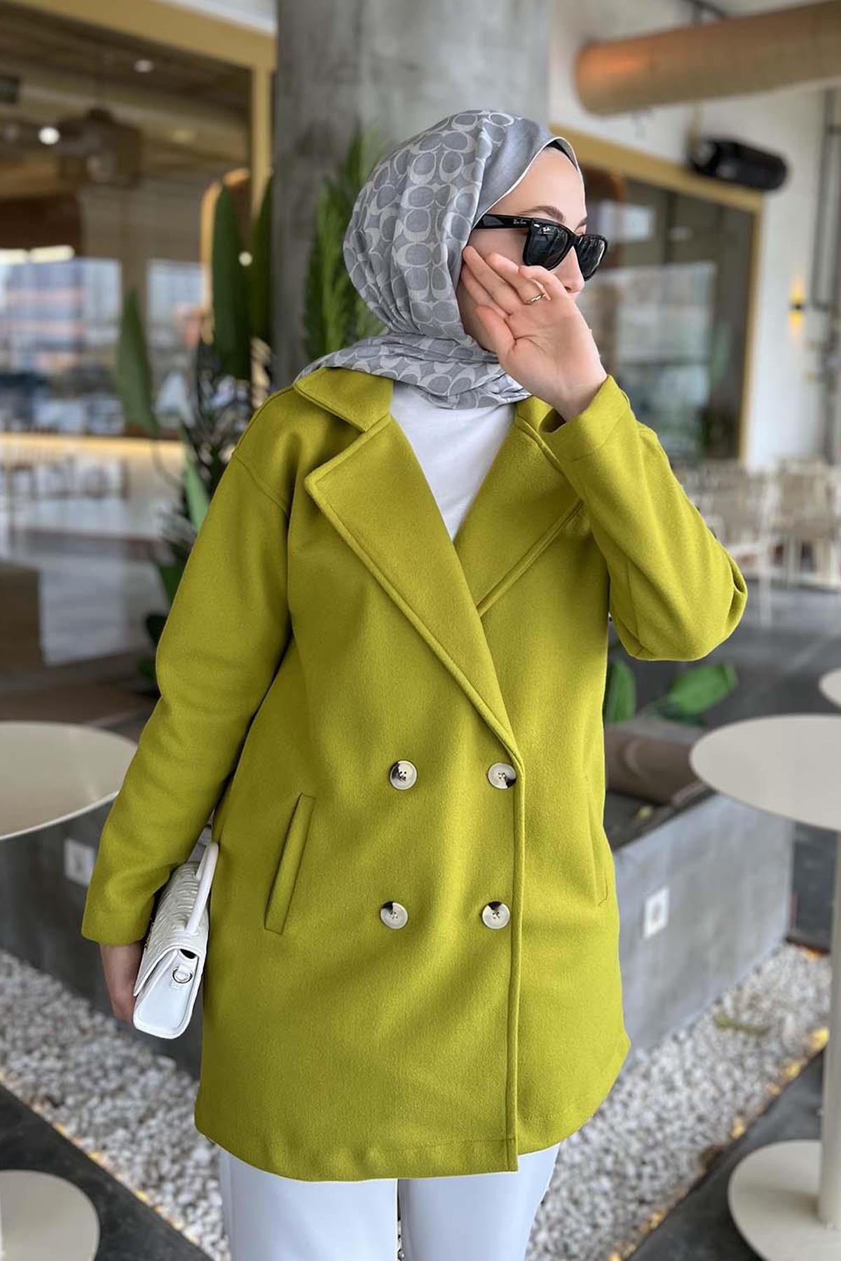 Çift Düğme Kısa Kaşe Kaban Yağ Yeşili