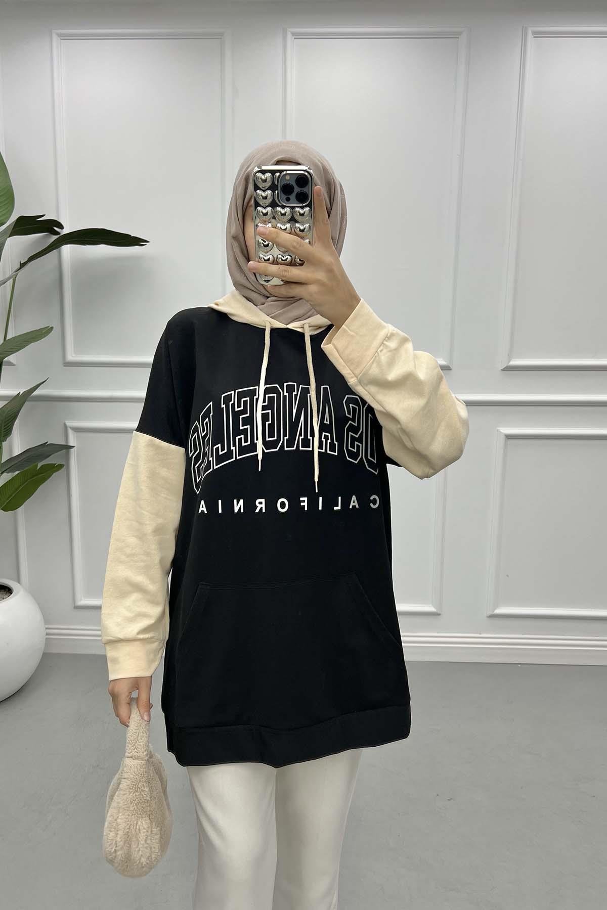 Çift Renkli Yazılı Sweatshirt Siyah