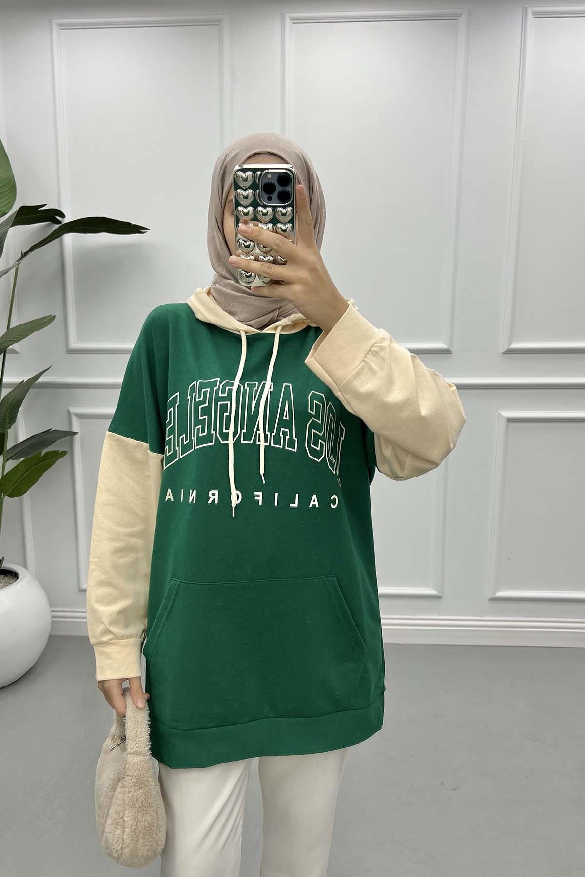Çift Renkli Yazılı Sweatshirt Yeşil