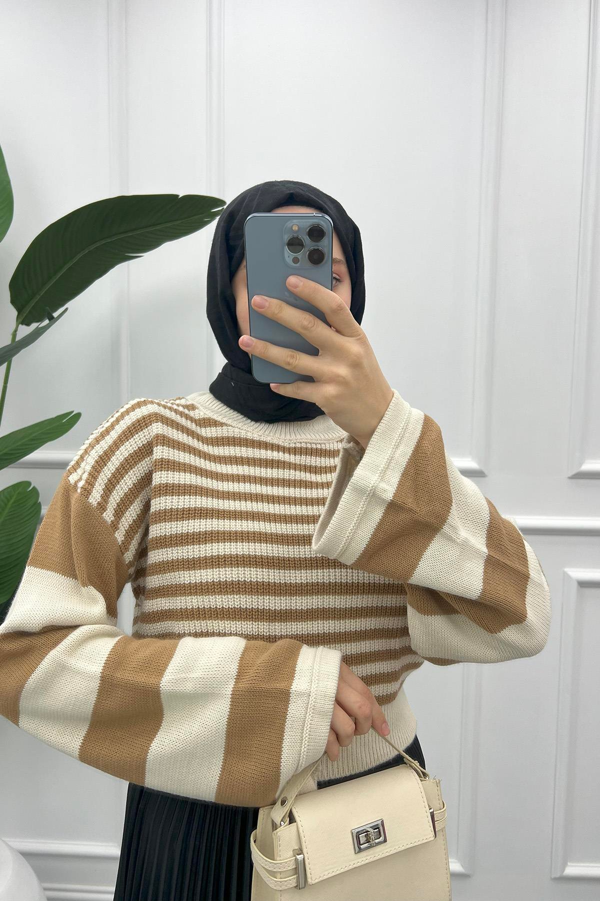 Çizgili Crop Kazak Kahve