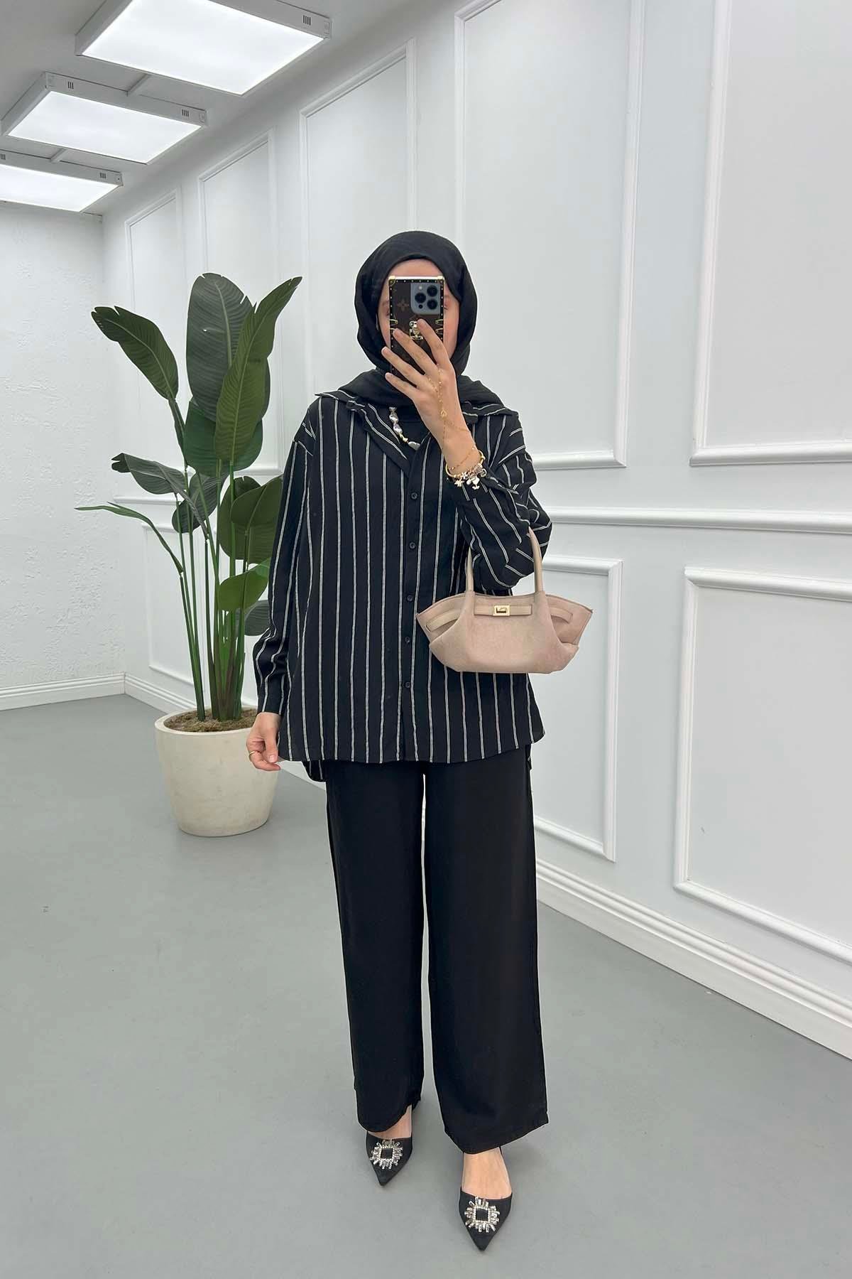 Çizgili Oversize Gömlek Siyah