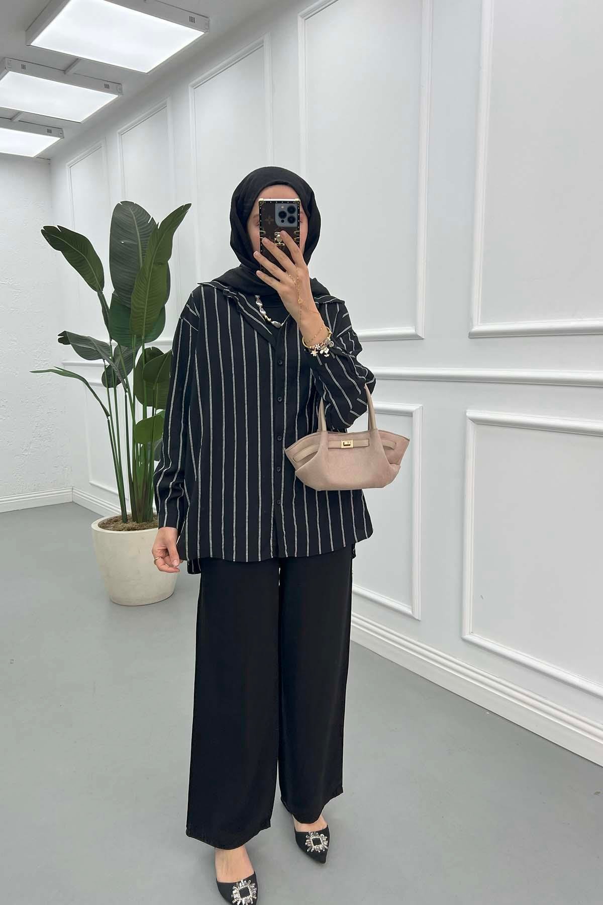 Çizgili Oversize Gömlek Siyah