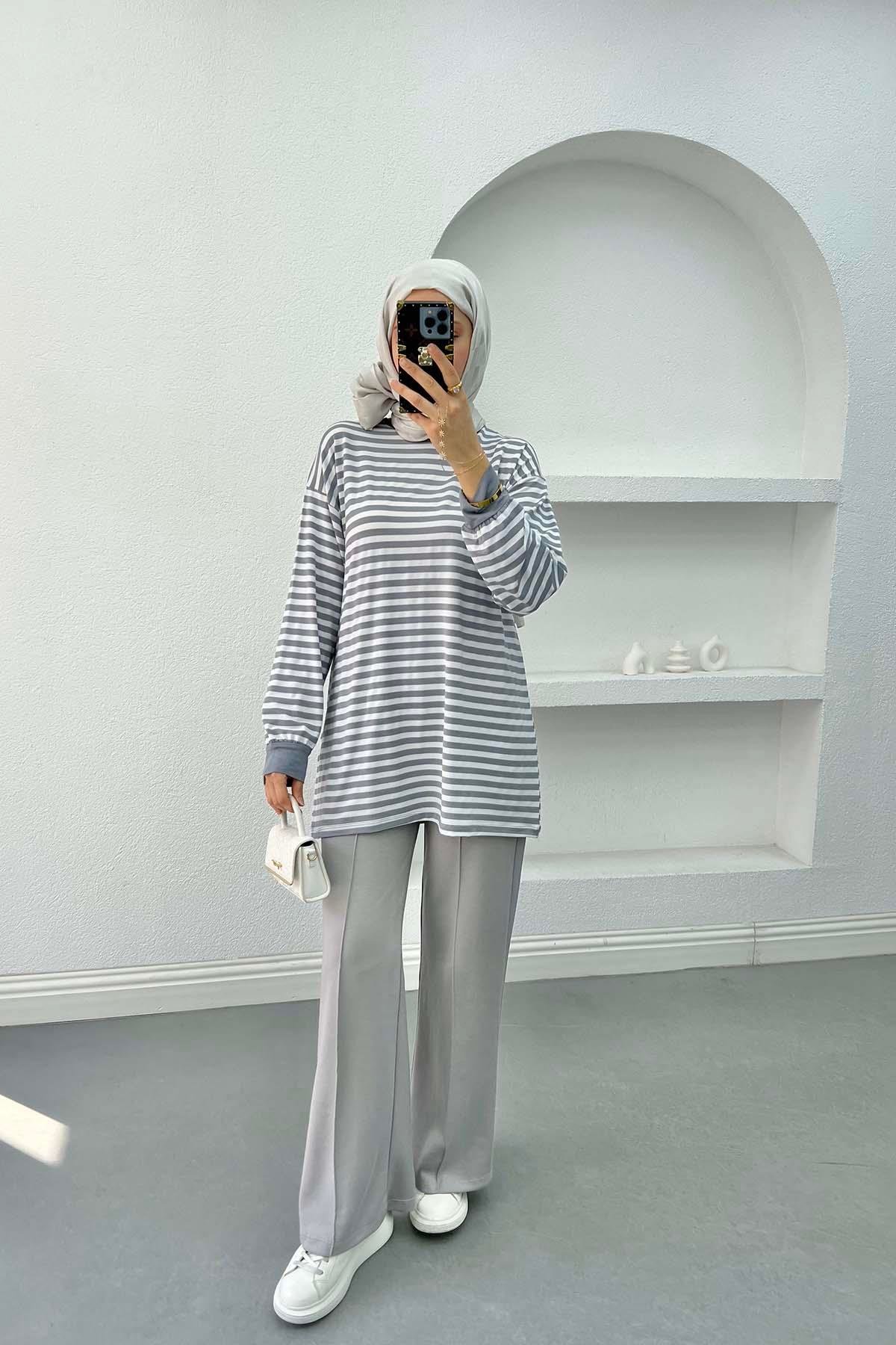 Çizgili Sweatshirt Açık Gri
