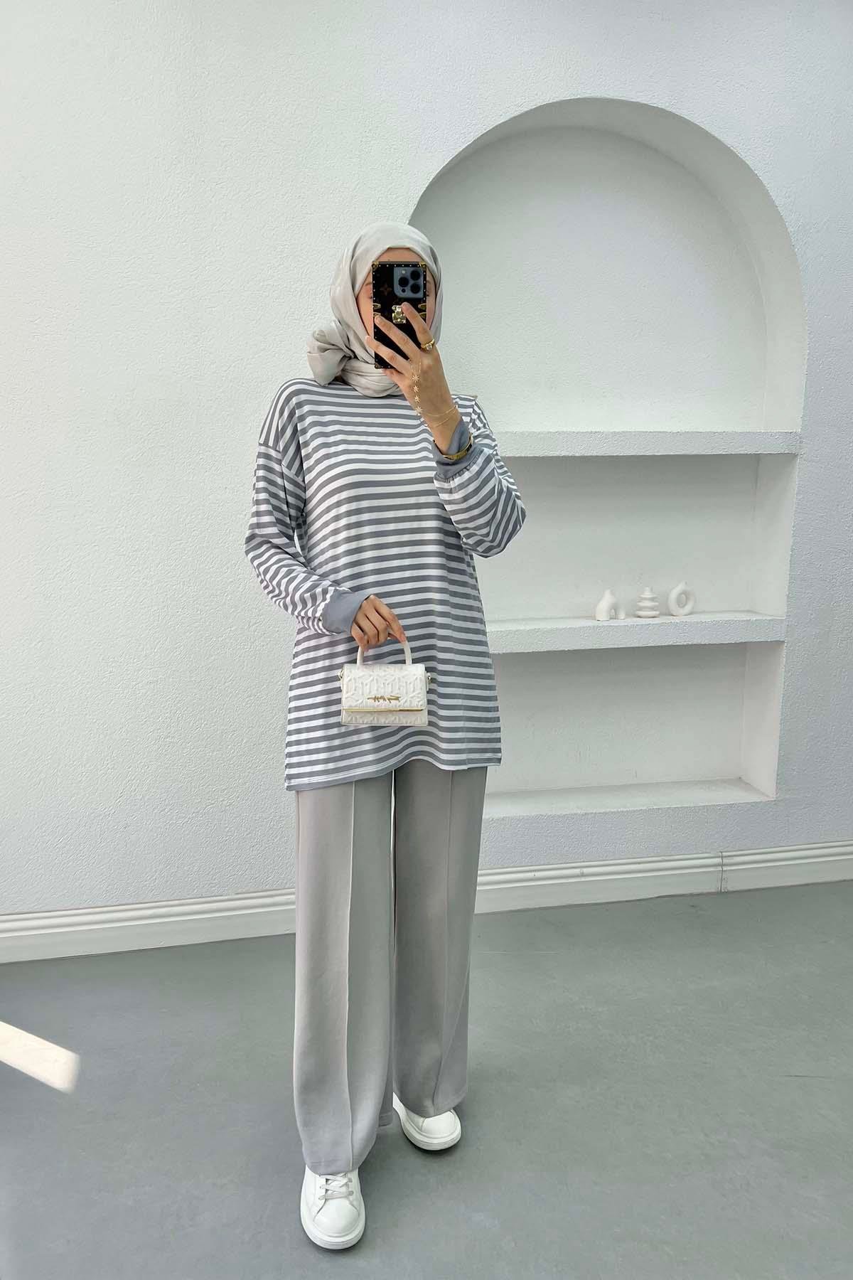 Çizgili Sweatshirt Açık Gri