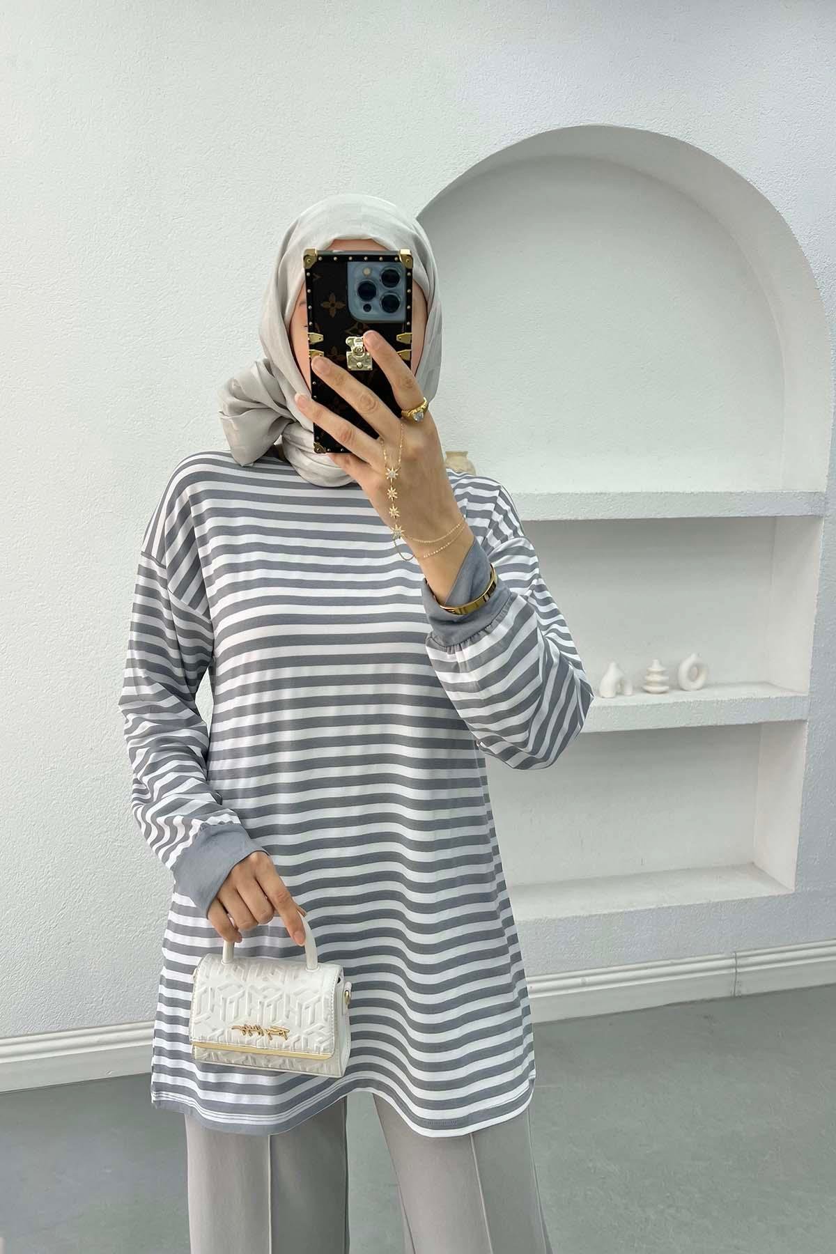 Çizgili Sweatshirt Açık Gri