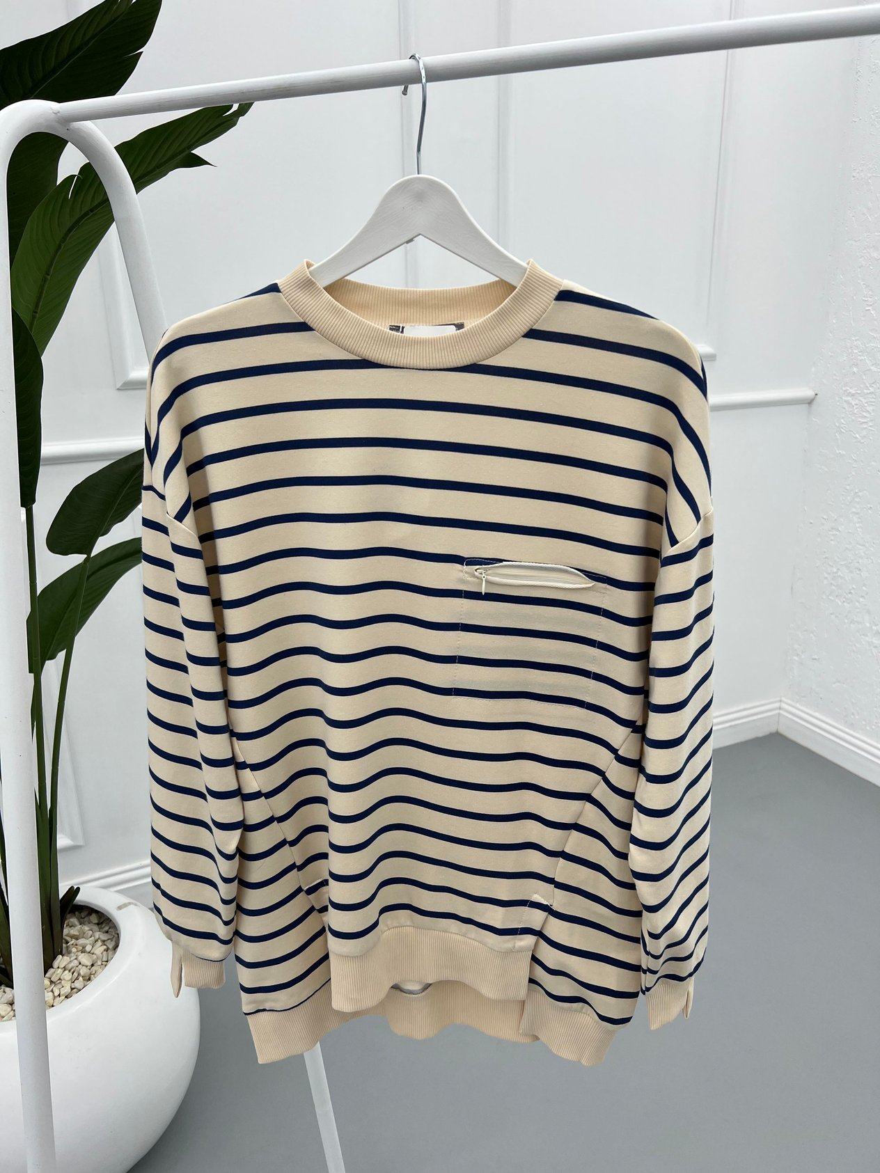 Çizgili Sweatshirt Bej-Lacivert