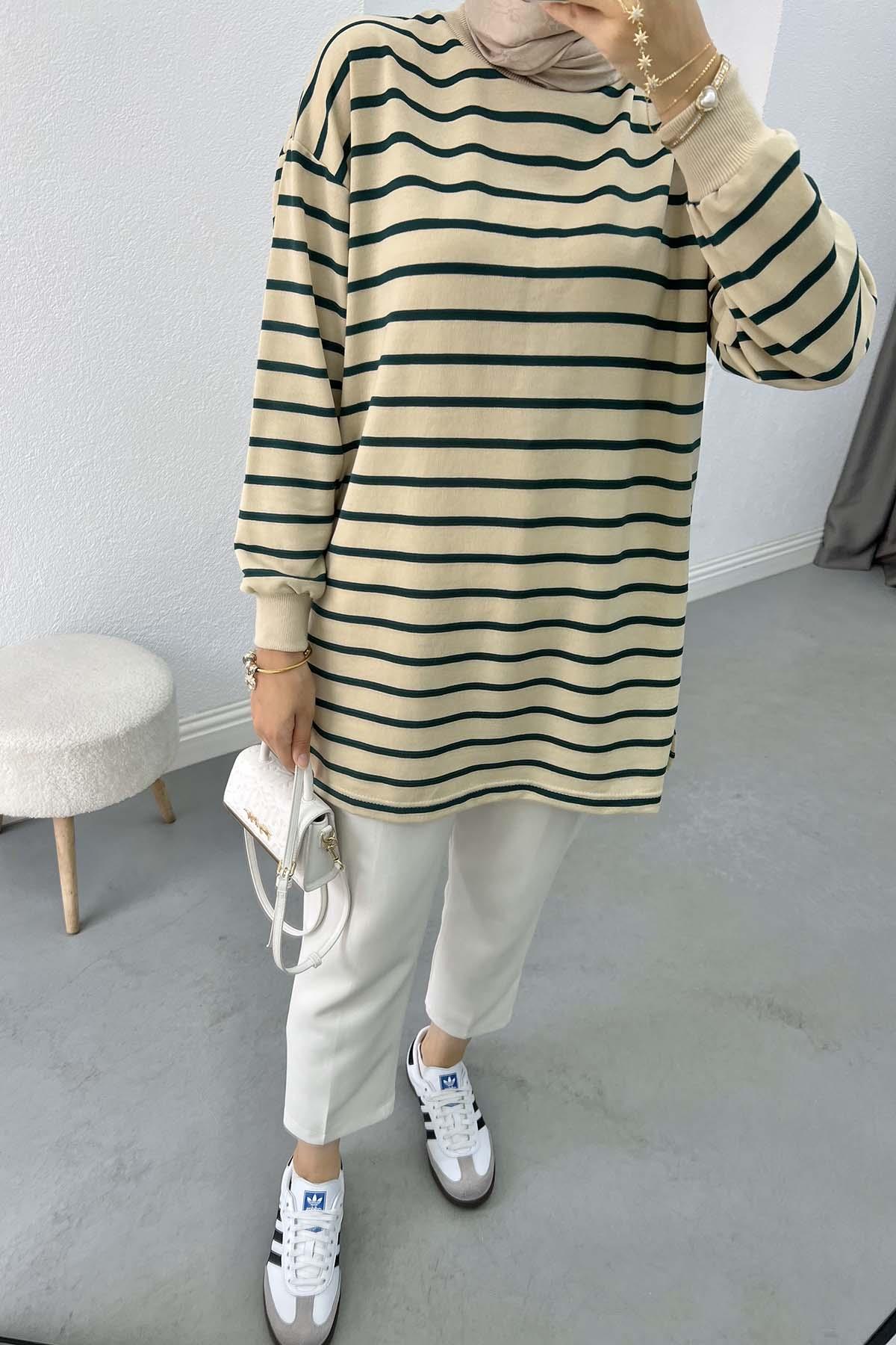 Çizgili Sweatshirt Zümrüt Yeşili