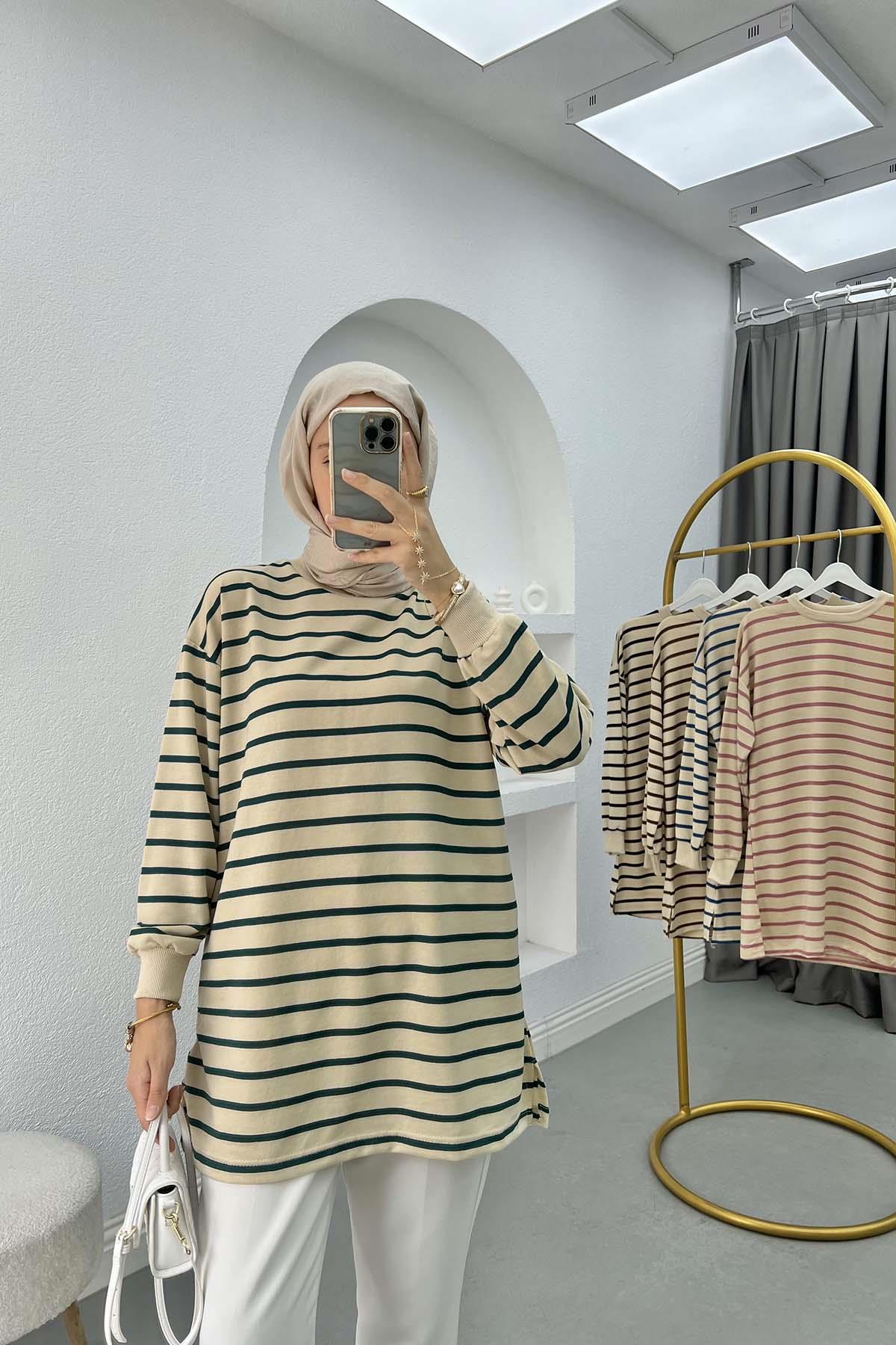 Çizgili Sweatshirt Zümrüt Yeşili