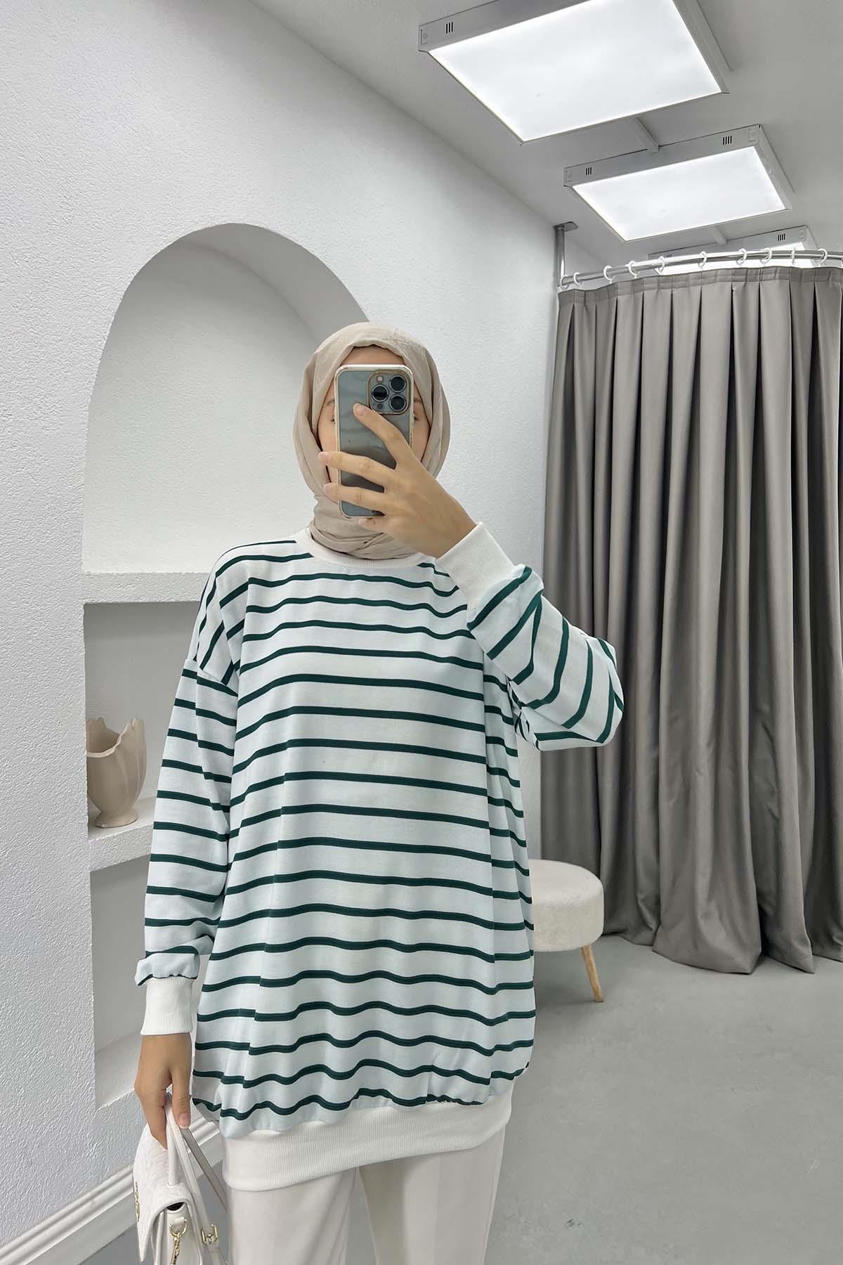Çizgili Sweatshirt Zümrüt Yeşili