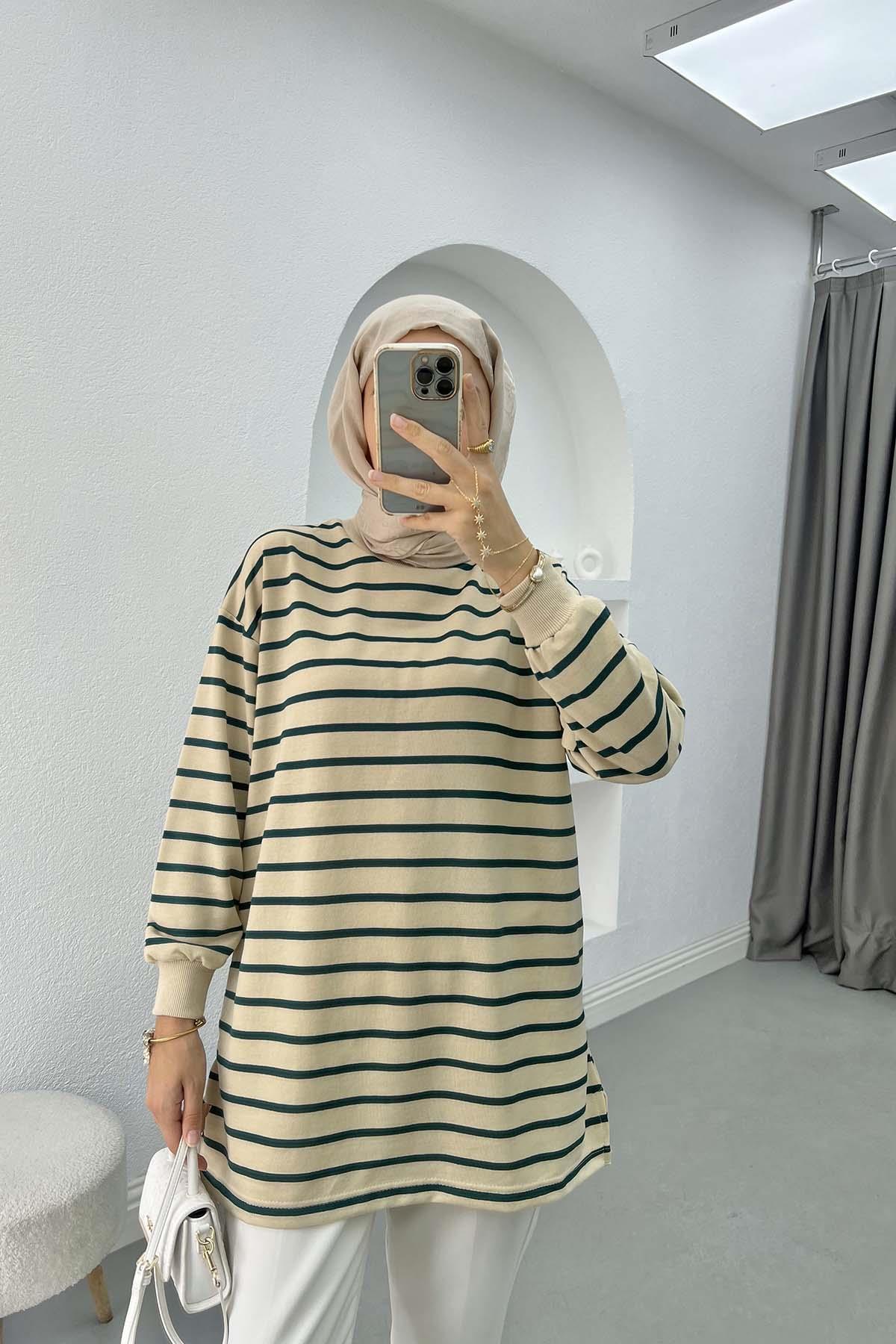 Çizgili Sweatshirt Zümrüt Yeşili