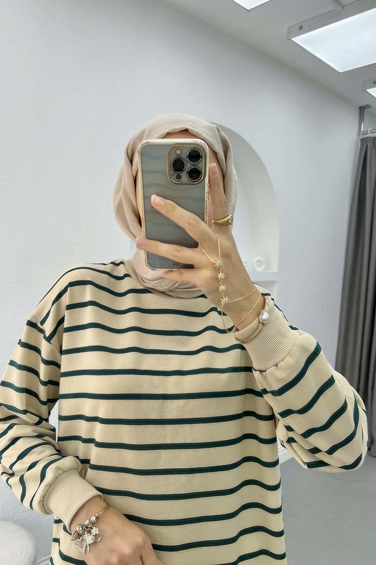 Çizgili Sweatshirt Zümrüt Yeşili