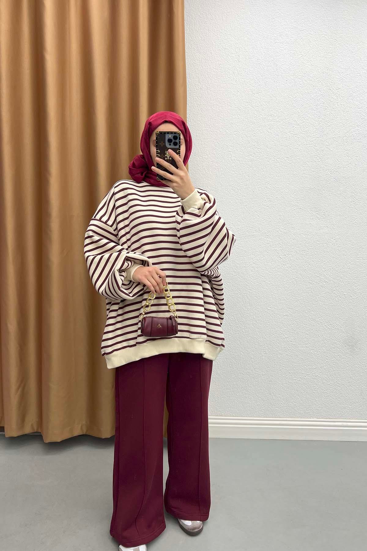Çizgili Üç İplik Sweat Takım Bordo