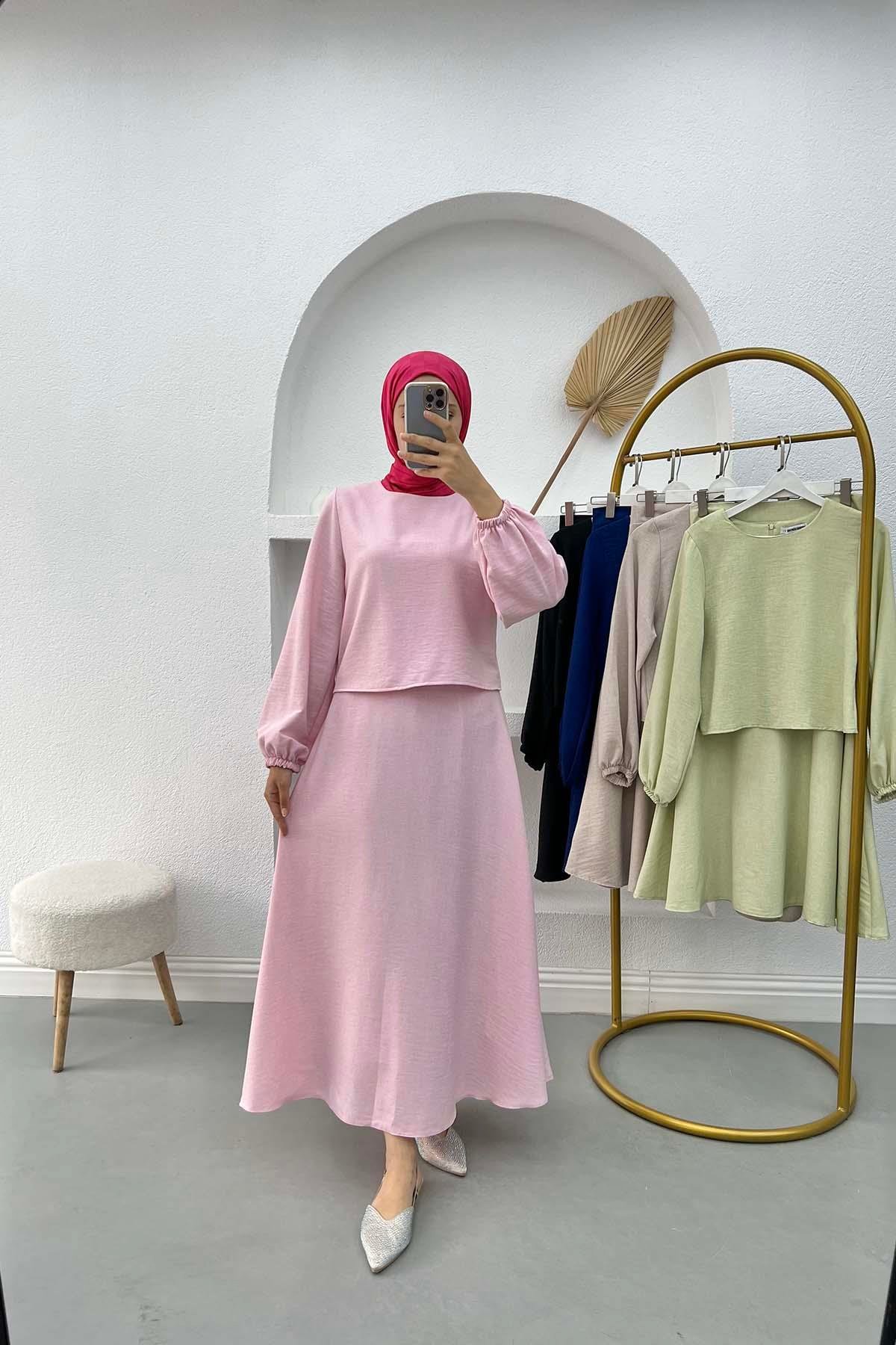 Crop Bluz Etek Takım Pembe