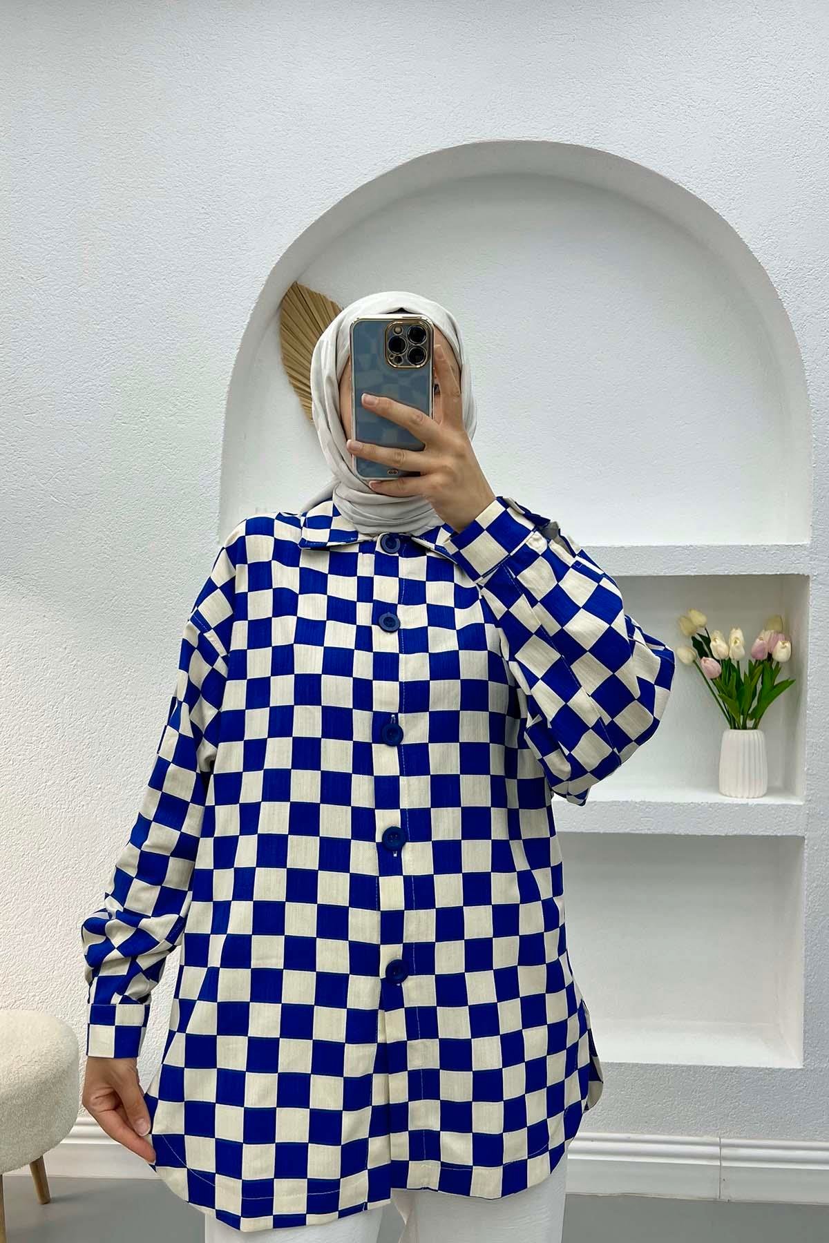 Dama Desenli Gömlek Saks Mavi