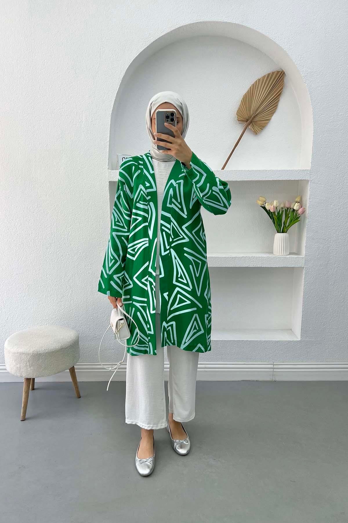 Desenli Keten Kimono Benetton Yeşil