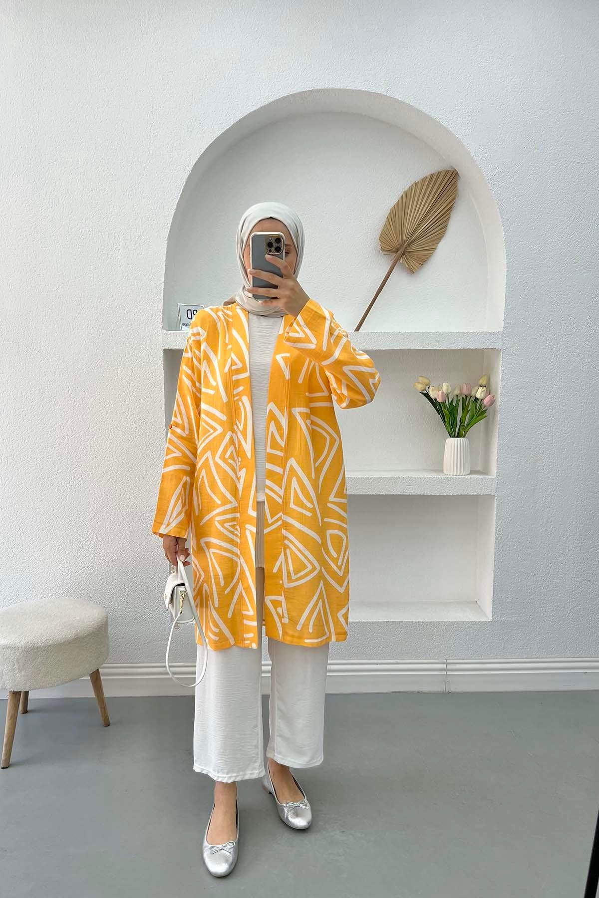 Desenli Keten Kimono Hardal Sarı
