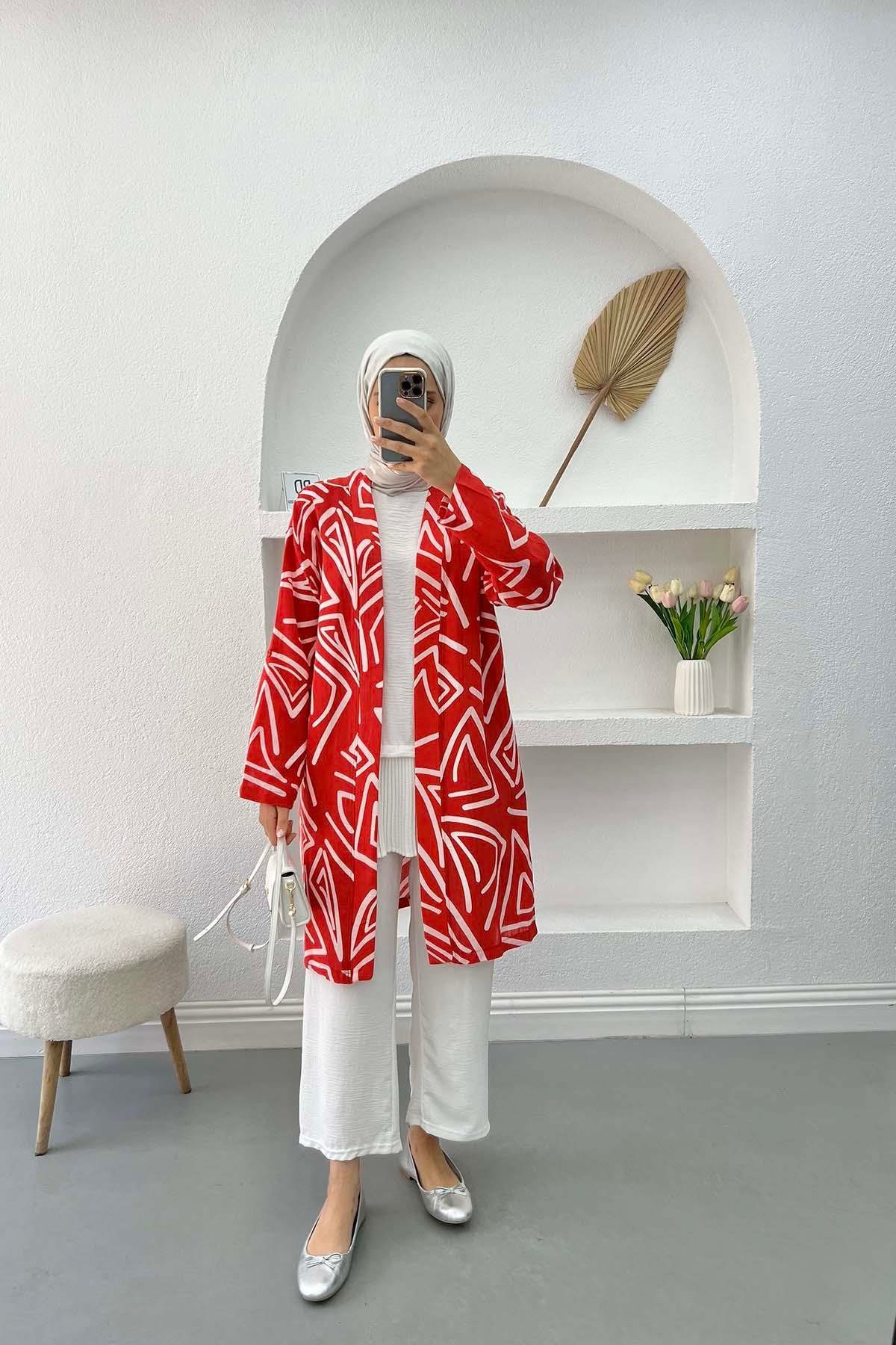 Desenli Keten Kimono Kırmızı