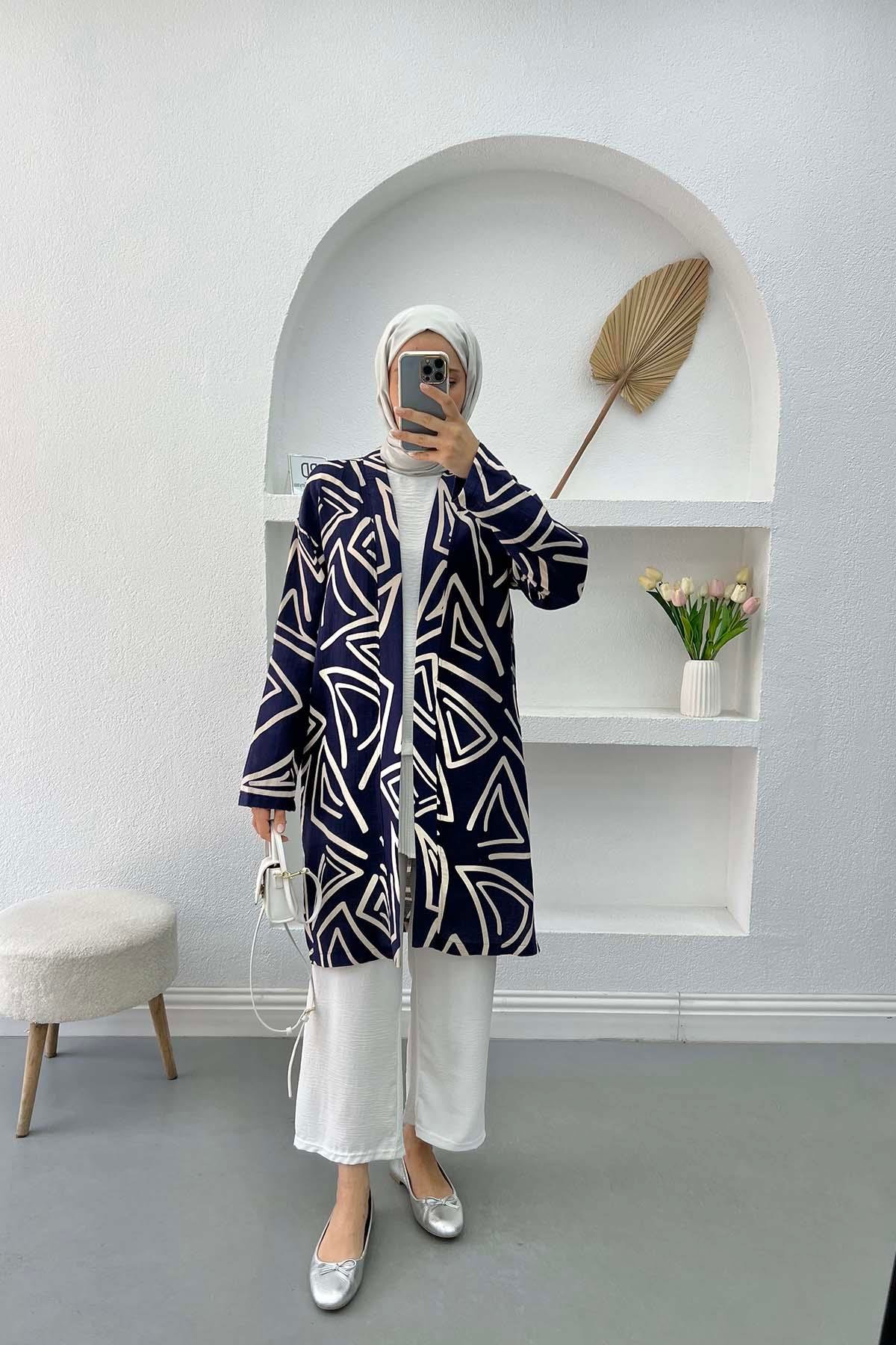 Desenli Keten Kimono Lacivert