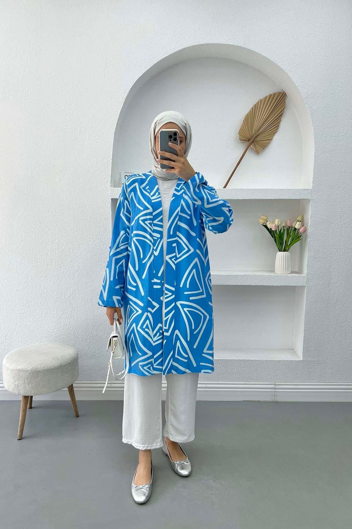 Desenli Keten Kimono Mavi