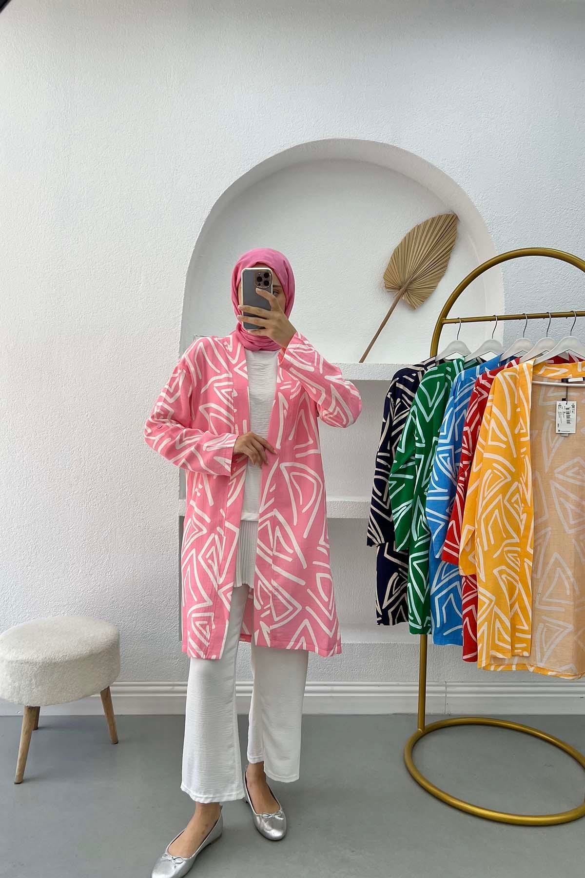 Desenli Keten Kimono Pembe